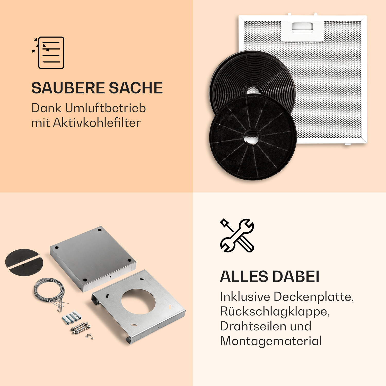 Eine Werbung mit Komponenten für eine Dunstabzugshaube: Filter, Schrauben und Installationsanweisungen.