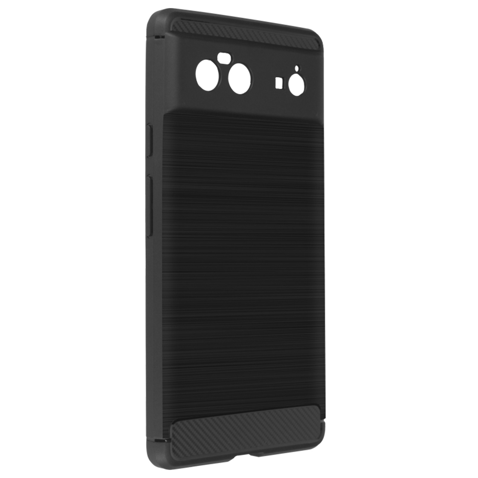 Coque de téléphone noire avec dos texturé. Haut avec trous pour caméra. Conçue pour smartphone.