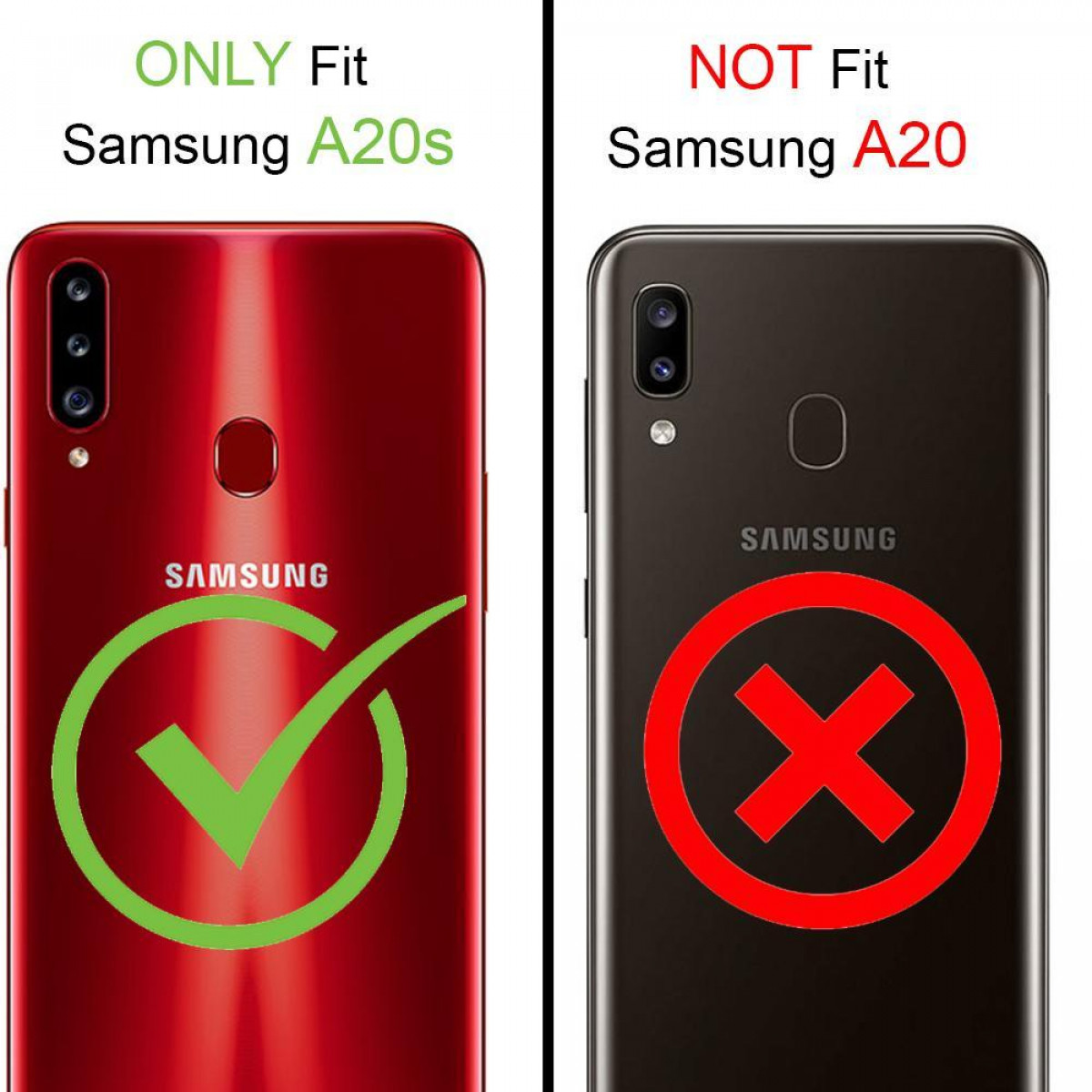 Zwei Telefonrückseiten nebeneinander. Ein rotes Telefon, ein schwarzes, das rote hat einen grünen Haken, das schwarze ein rotes X.