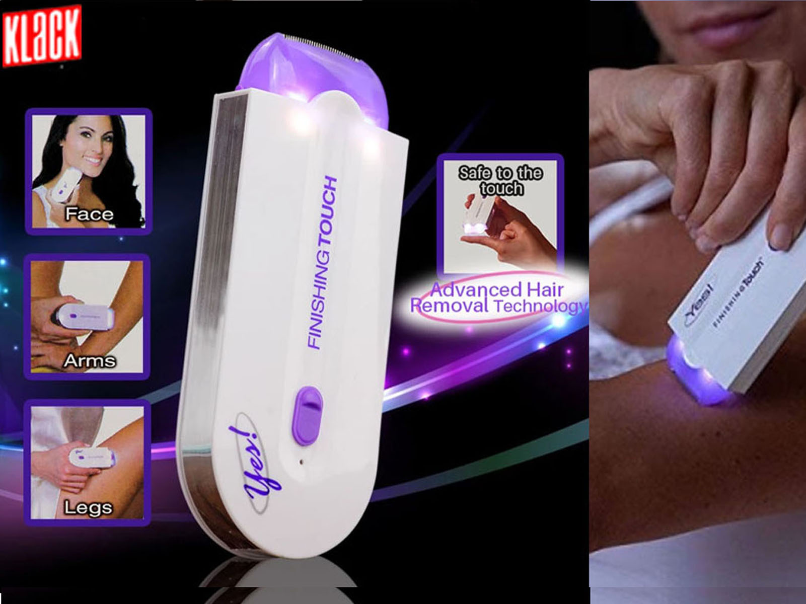 Dispositivo para depilación con imágenes que muestran usos en rostro, brazos y piernas.