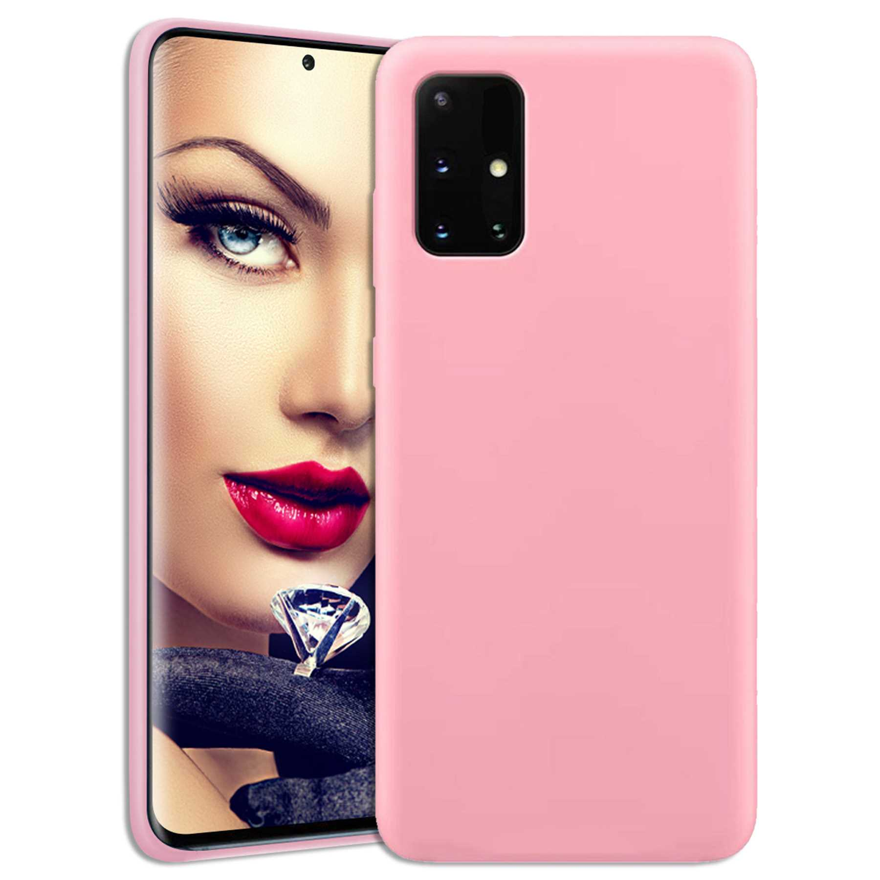 Eine rosa Handyhülle bedeckt eine Frau mit roten Lippen und blauen Augen, die einen Diamanten hält.