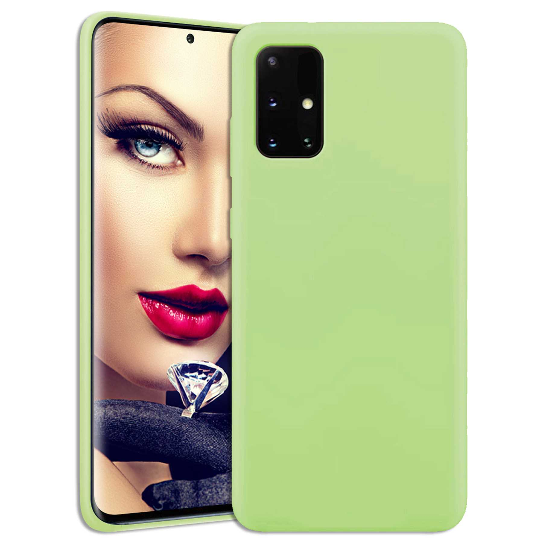 Eine grüne Handyhülle neben dem Gesicht einer Frau. Die Frau hat roten Lippenstift und einen Diamanten.