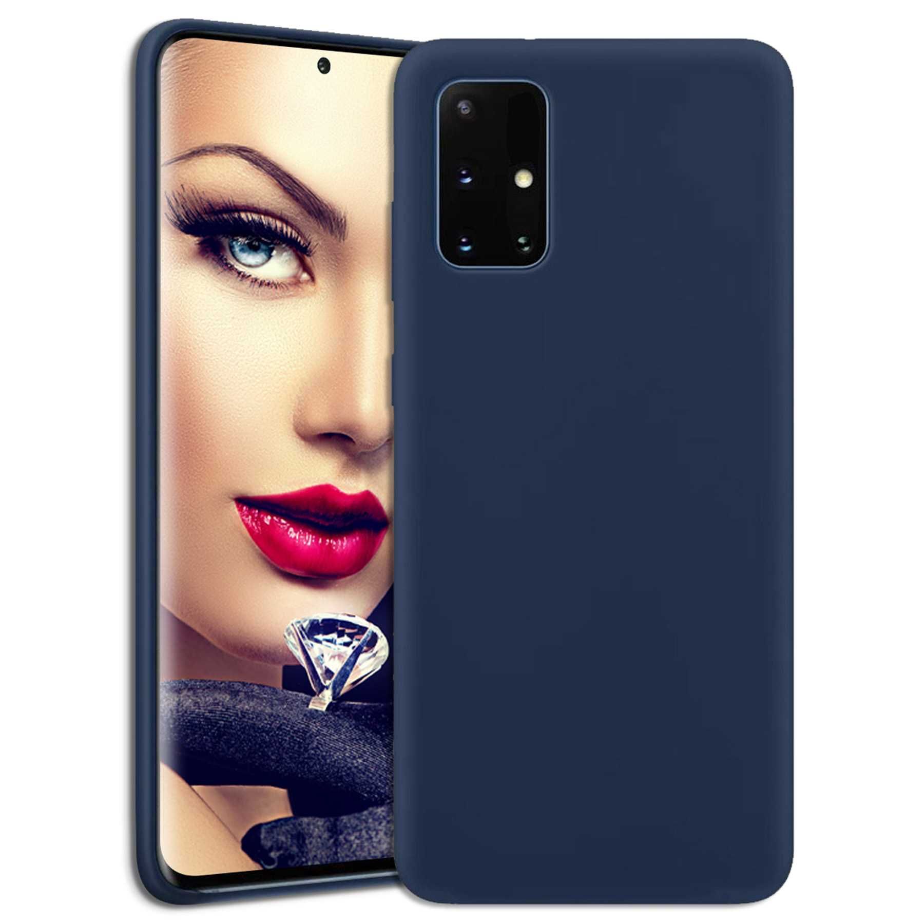 Smartphone mit blauem Gehäuse, Frauengesicht auf dem Bildschirm, weißer Hintergrund.