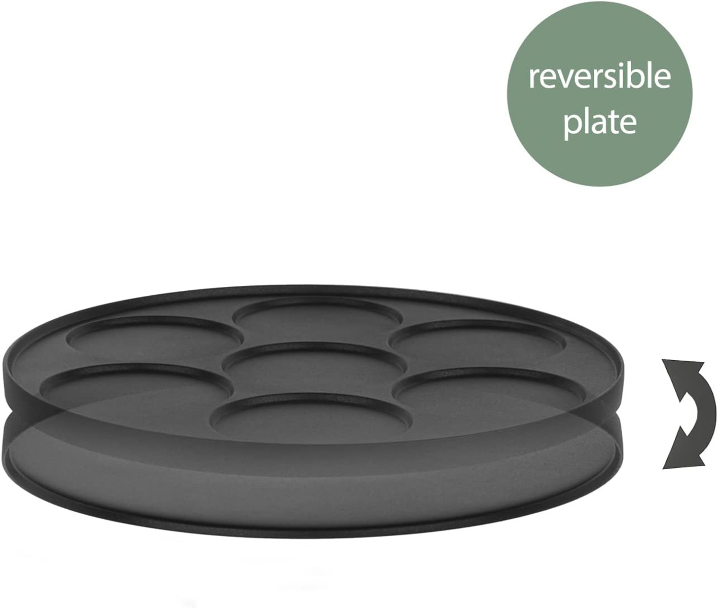 Czarny ekspres do naleśników z 7 okrągłymi foremkami. Zielony tekst mówi: płyta dwustronna.