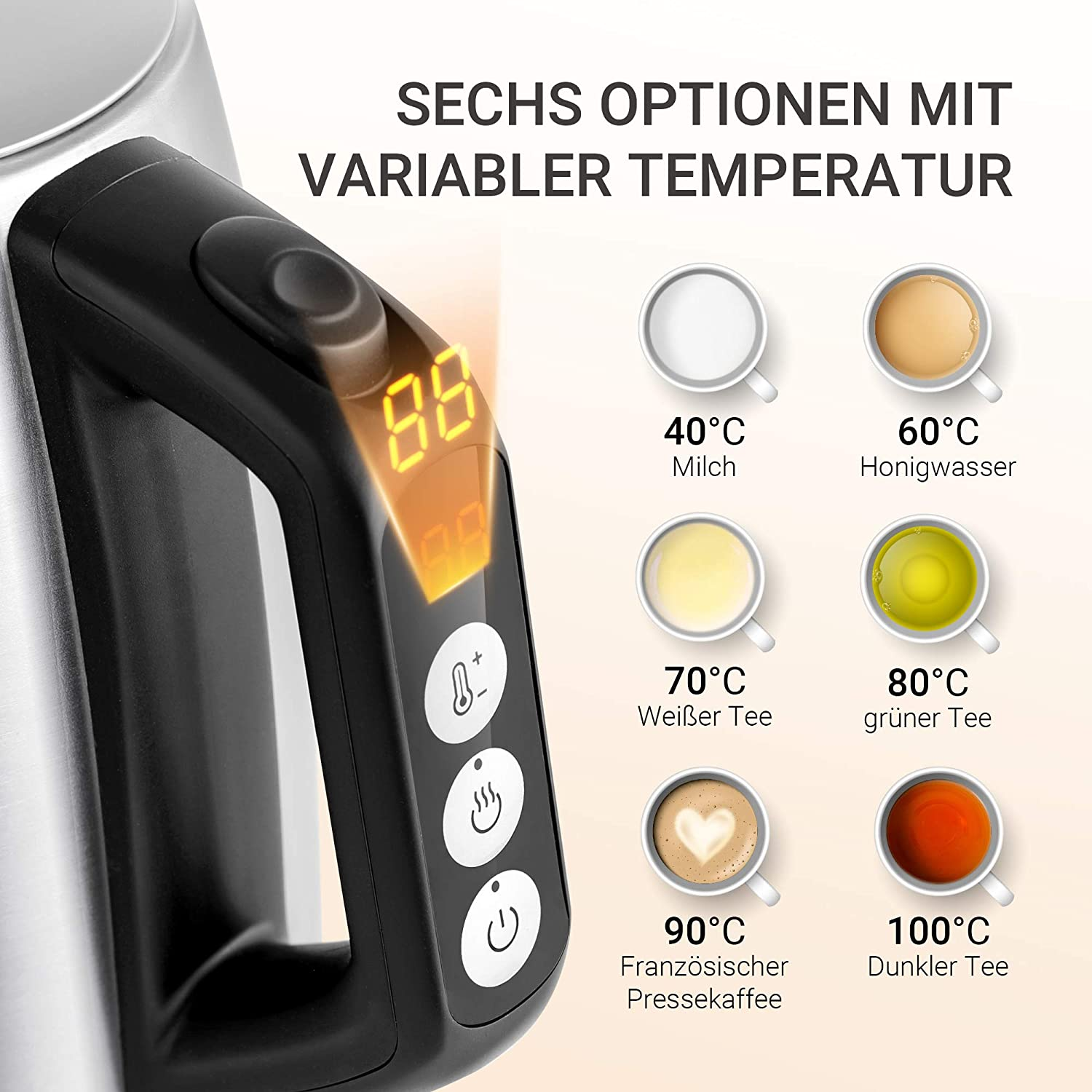 Wasserkocher, MIDEA Elektrischer Wasserkocher Einstellbare Wassertemperatur 1.7L Silber