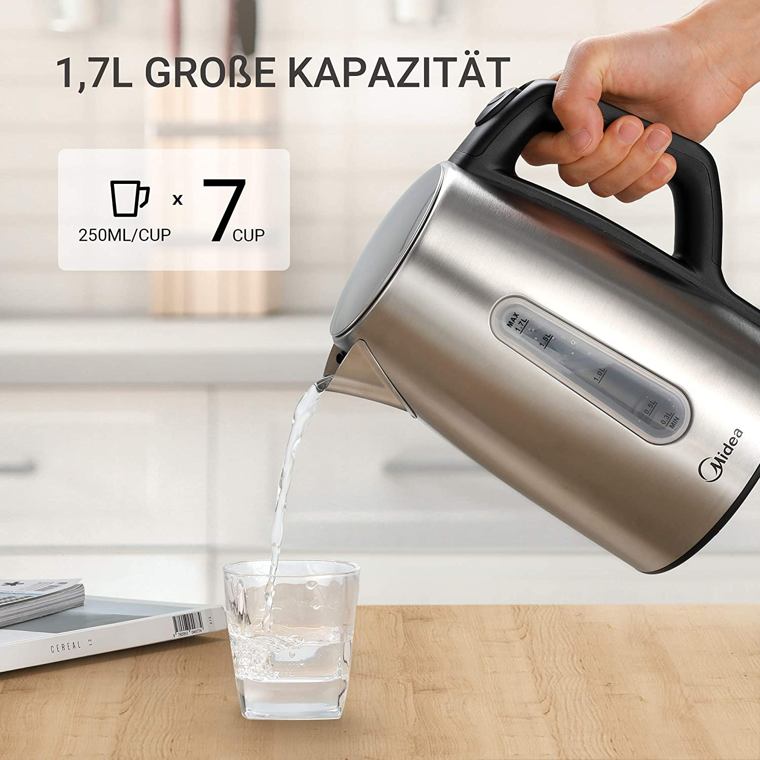 Wasserkocher, MIDEA Elektrischer Wasserkocher Einstellbare Wassertemperatur 1.7L Silber