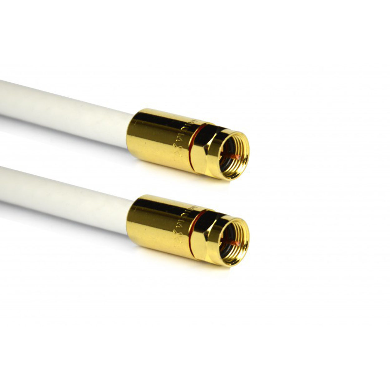 Zwei weiße Kabel mit goldfarbenen Steckern werden auf weißem Hintergrund angezeigt.