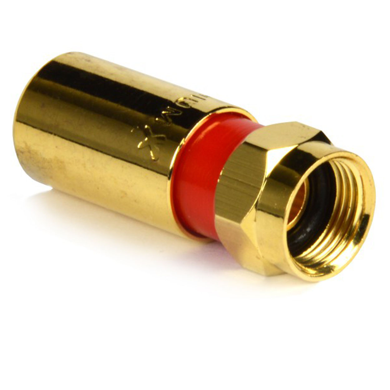 Goldfarbener Koaxialkabel-Stecker mit rotem Band.