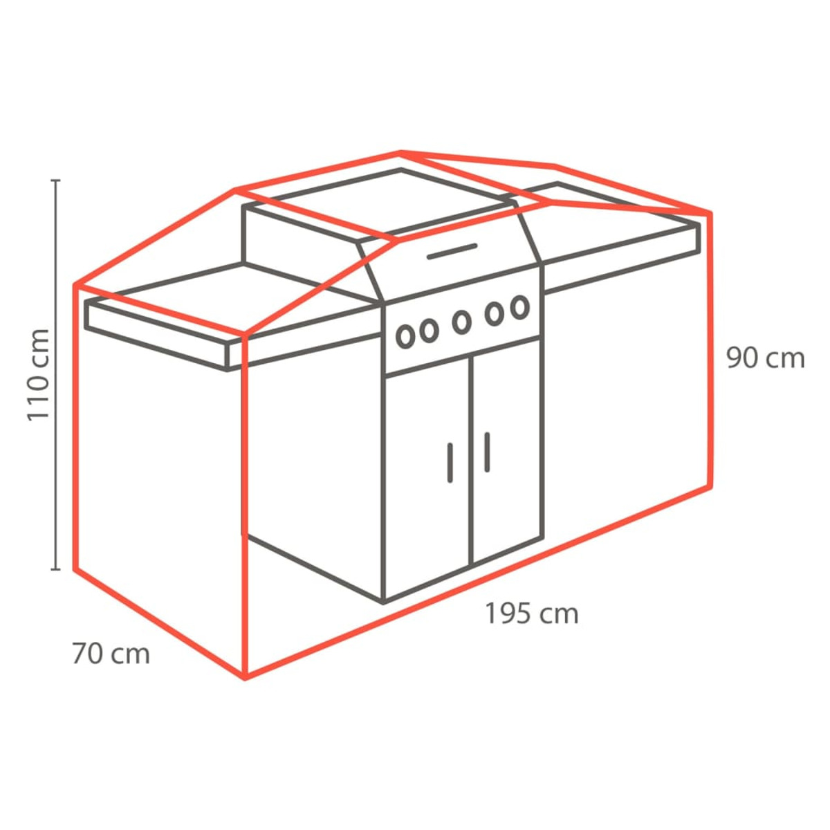 Un disegno delineato in rosso di una cucina esterna con dimensioni.