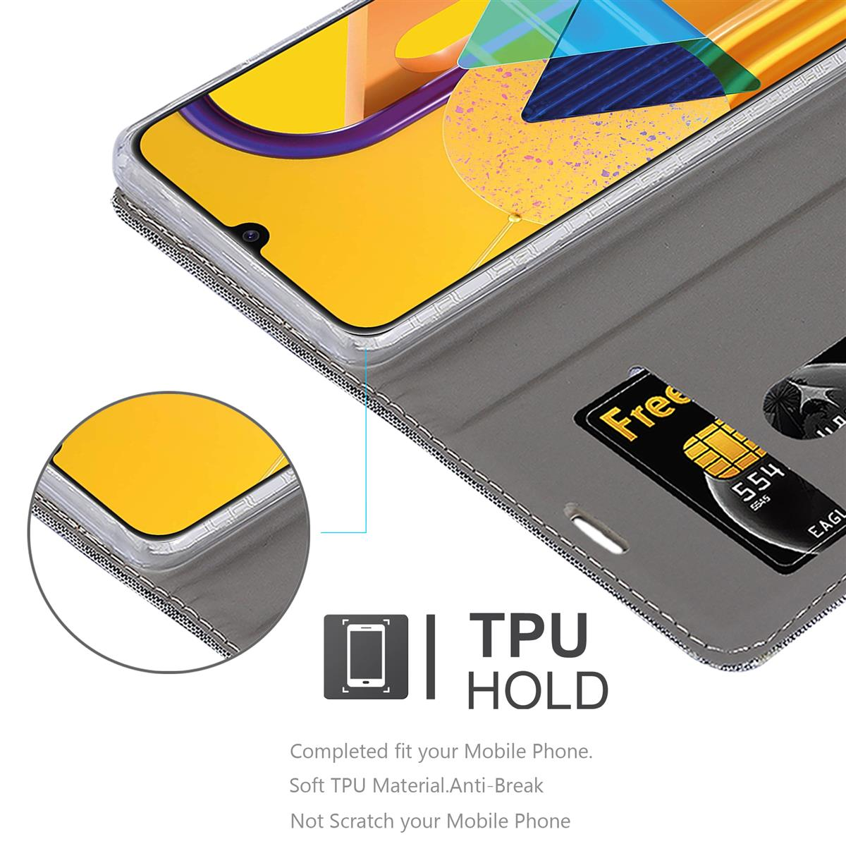 Schermo del telefono in una custodia in TPU con carta.