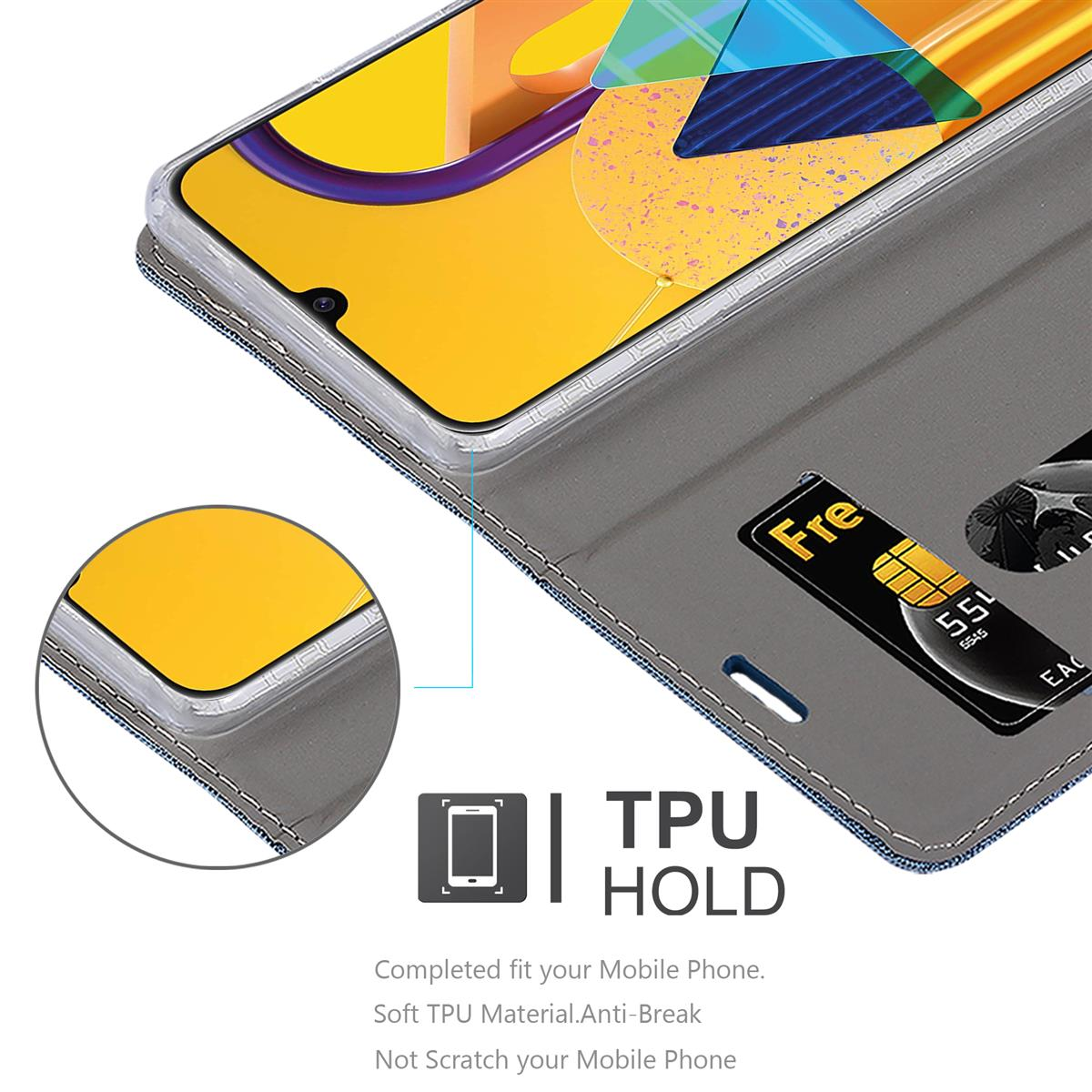 Custodia del telefono: trasparente, primo piano del telefono e slot per schede, grigio e giallo.