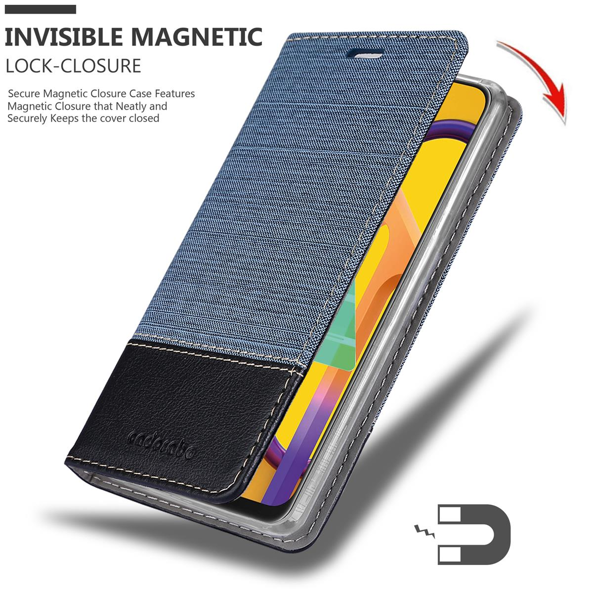 Una custodia per telefono con finitura simile al denim, fondo nero e chiusura magnetica, con una freccia.