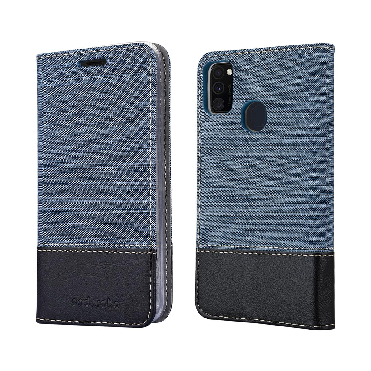 Custodia per telefono blu e nera, vista aperta e chiusa. La custodia è in tessuto e pelle.
