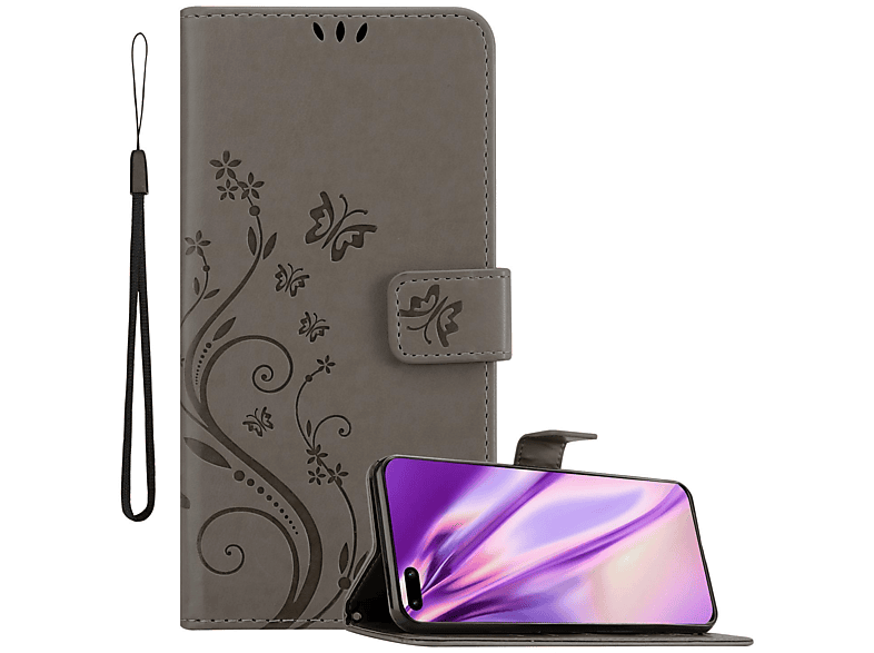 CADORABO Hülle Blumen Bookcover, FLORAL Huawei, Muster Flower GRAU Case, P40