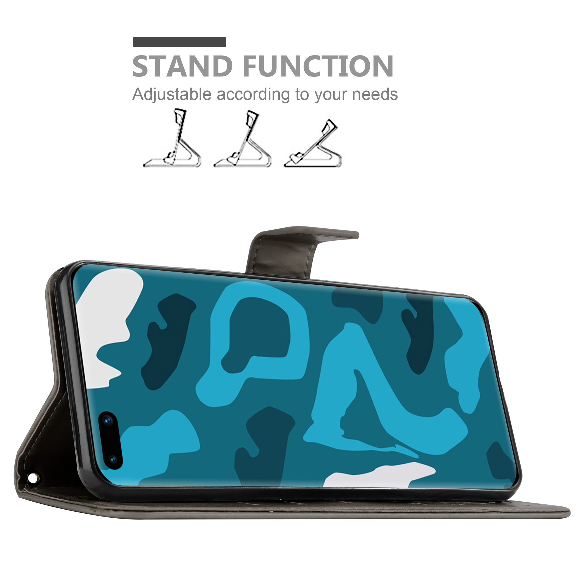 Una custodia per telefono con un design mimetico aperto, che mostra un telefono con un motivo blu e bianco.