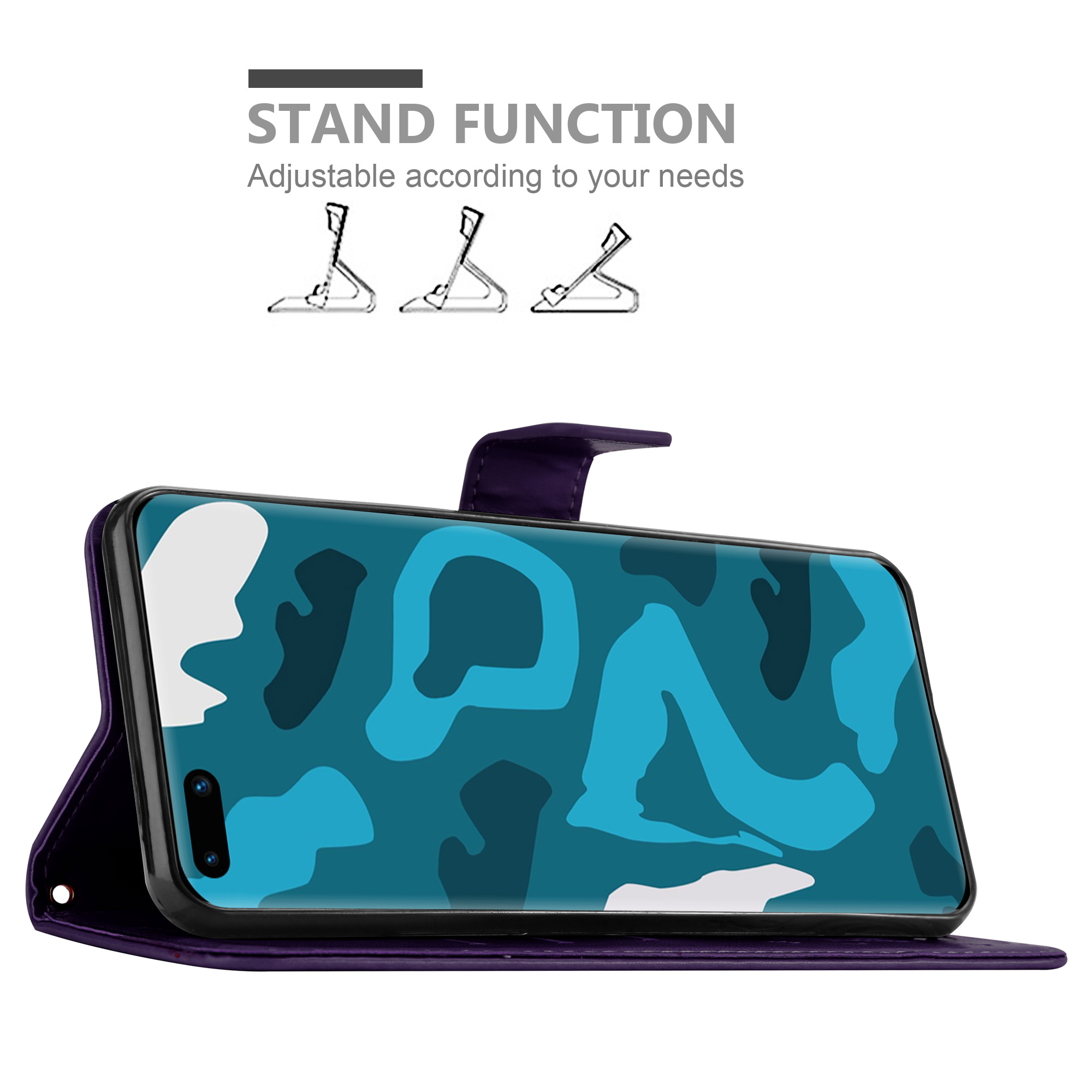 Una custodia per telefono con un telefono all'interno, che mostra un design mimetico blu e bianco. Funzione stand.
