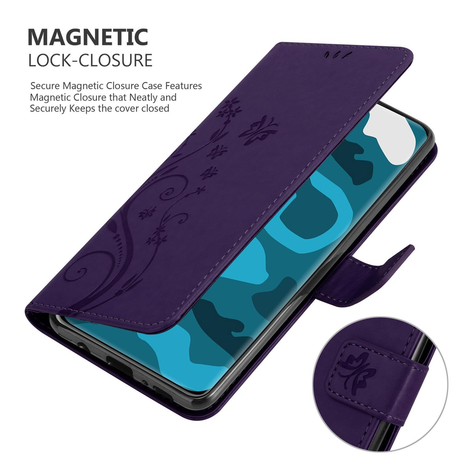 Custodia per telefono viola aperta. Presenta un design floreale, un'immagine del telefono e una chiusura magnetica.