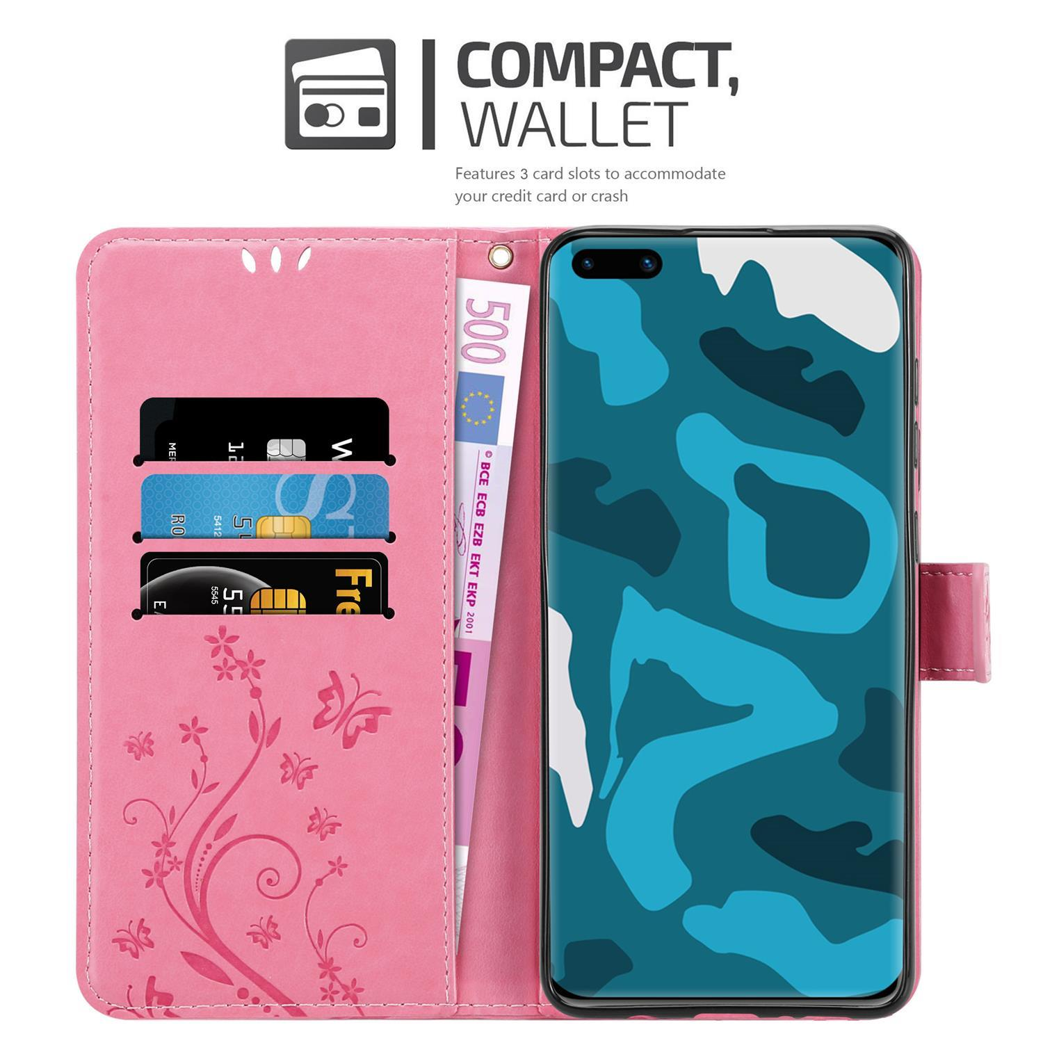 Custodia a portafoglio rosa con fessure per carte, denaro e un telefono con design mimetico blu.