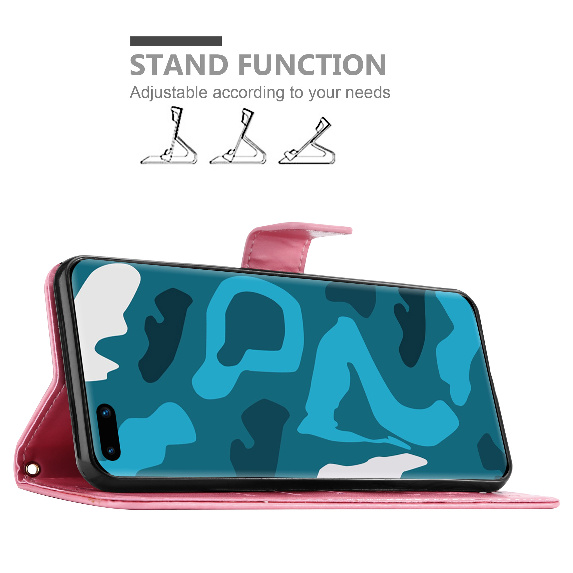 Custodia per telefono rosa con un telefono che mostra un motivo mimetico sullo schermo.
