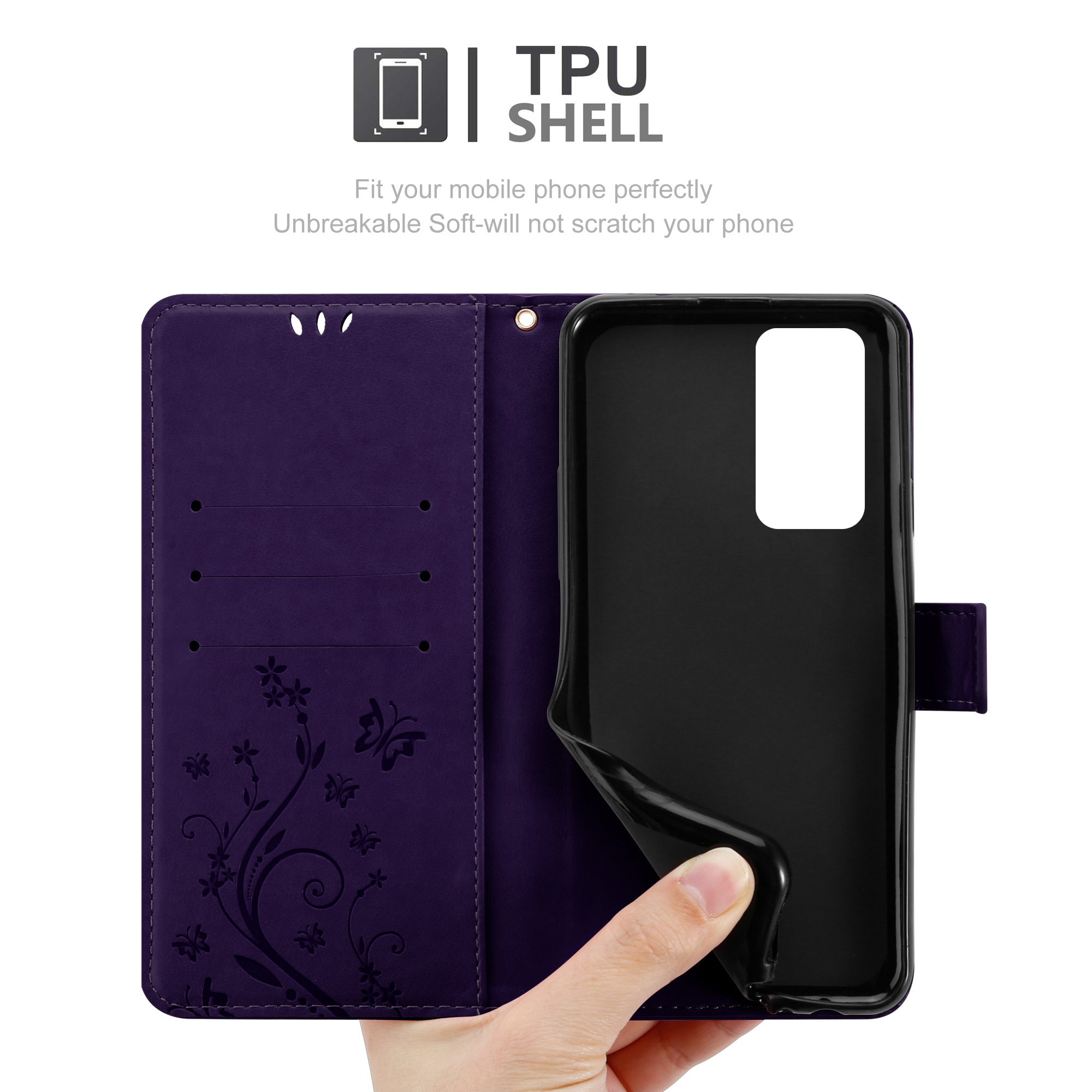 Una custodia per telefono viola, aperta, con un telefono all'interno e il testo TPU Shell.