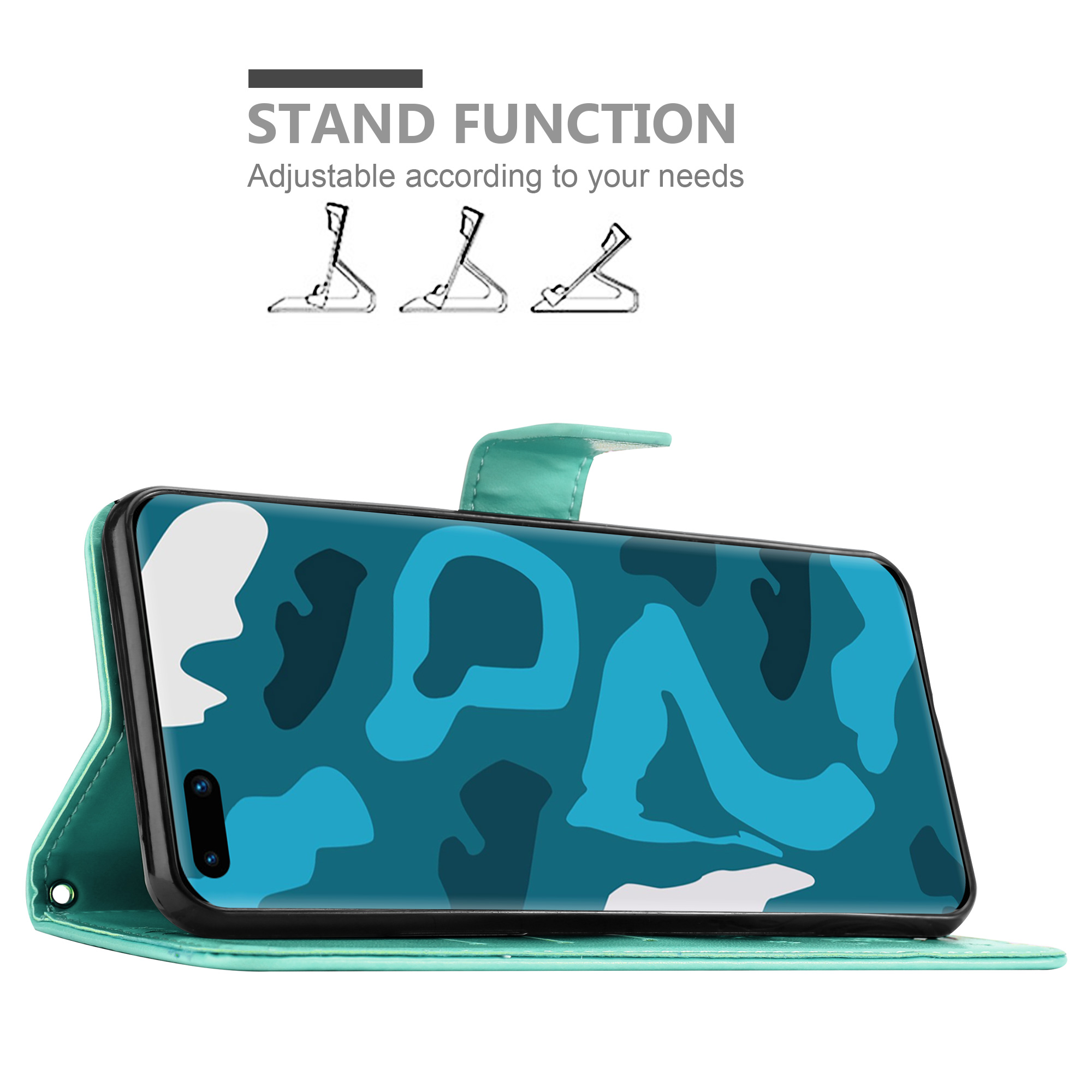 Una custodia per telefono verde acqua aperta per rivelare un telefono con un motivo mimetico blu su sfondo bianco.