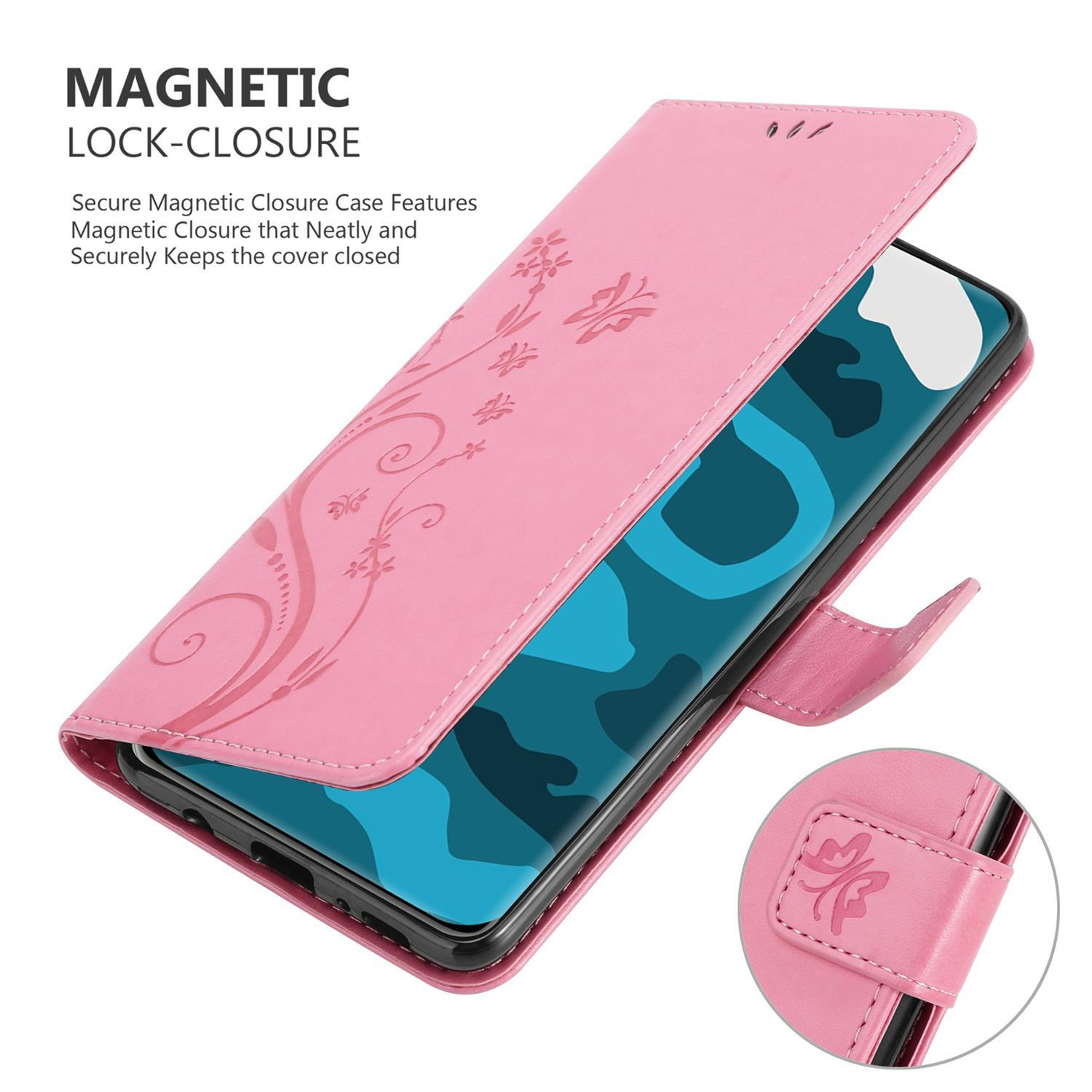 Custodia rosa per telefono con design floreale, aperta per rivelare un telefono. Chiusura magnetica.