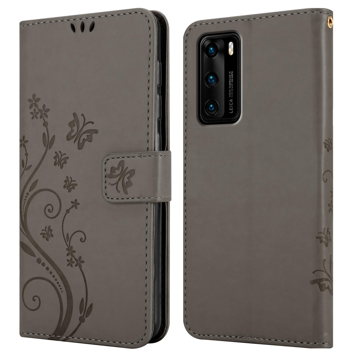 Custodia grigia per telefono con un design a farfalla. La custodia è chiusa. Ci sono due viste della custodia.