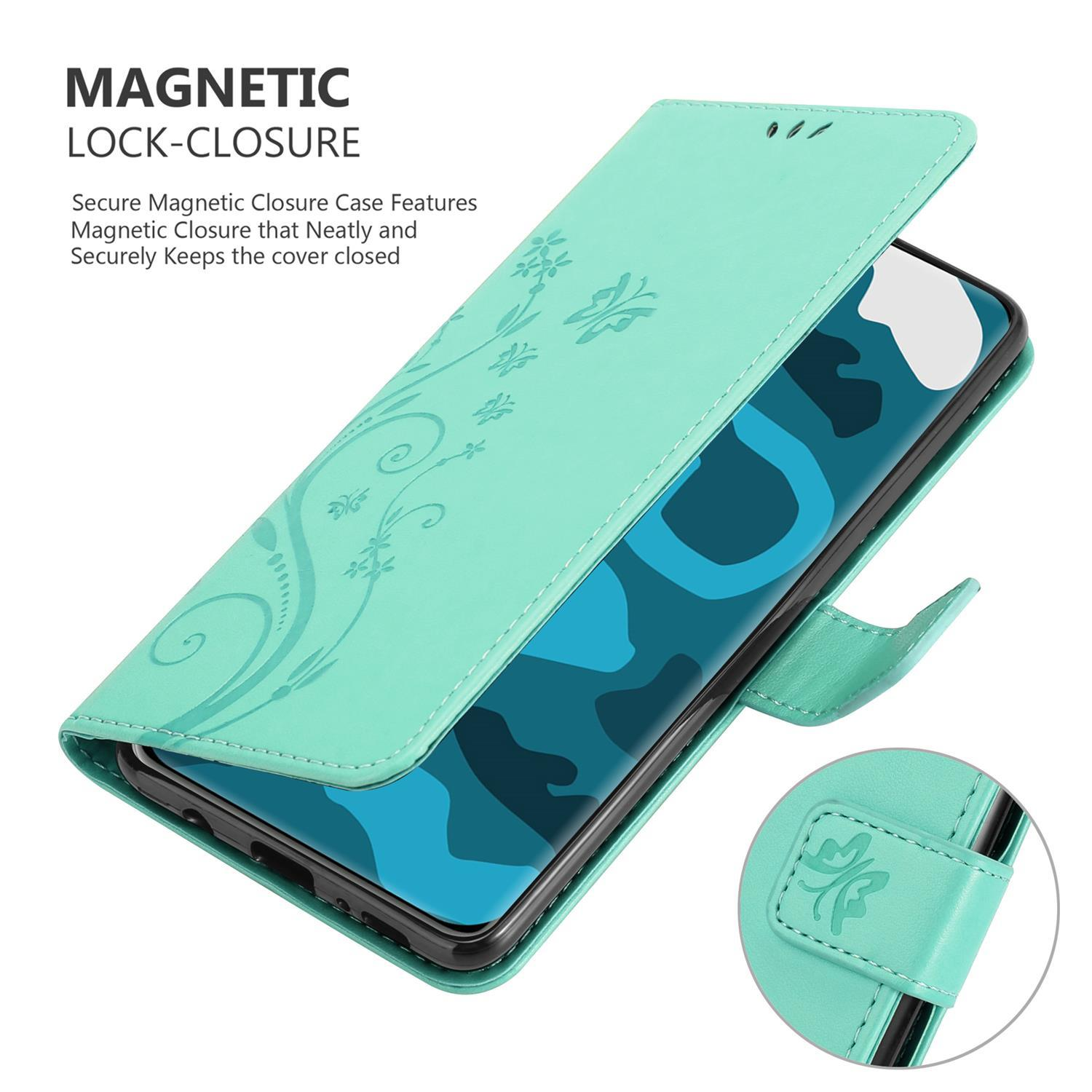 Una custodia per telefono verde acqua, aperta per mostrare il telefono. Motivo floreale sulla cover.