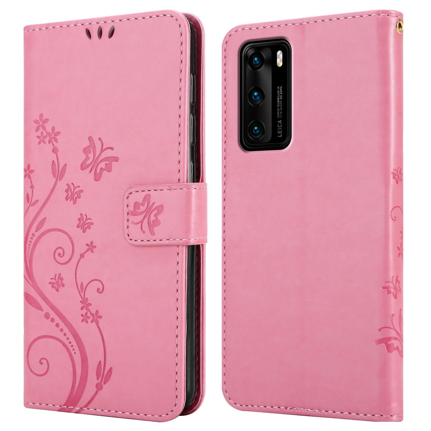 Una custodia per telefono rosa con motivi a farfalla e fiori e una chiusura magnetica.