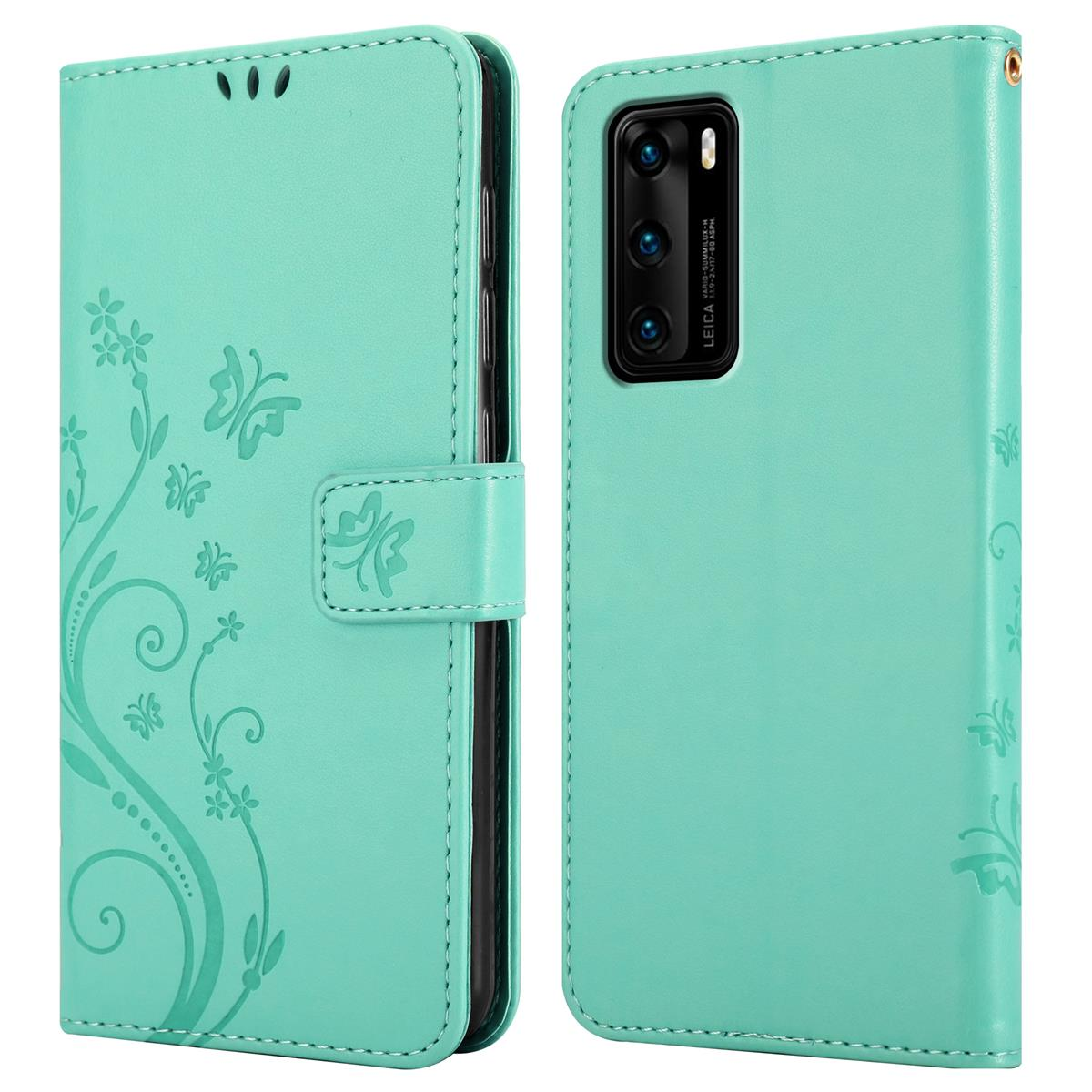 Una custodia per telefono verde menta, aperta, con un design floreale. Custodia del telefono a destra.