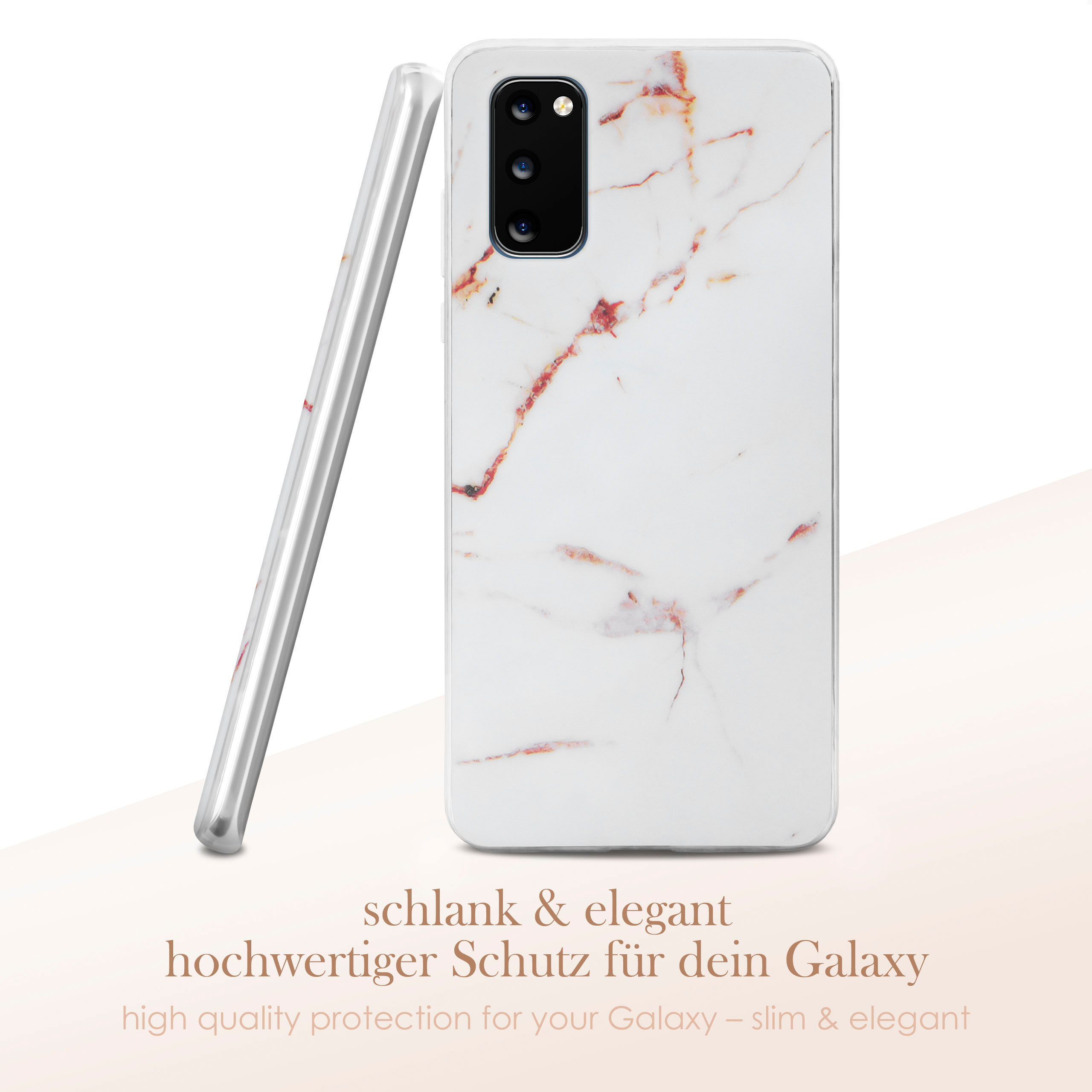 Weiße Handyhülle mit Marmormuster. Text unten. Weißer Hintergrund.