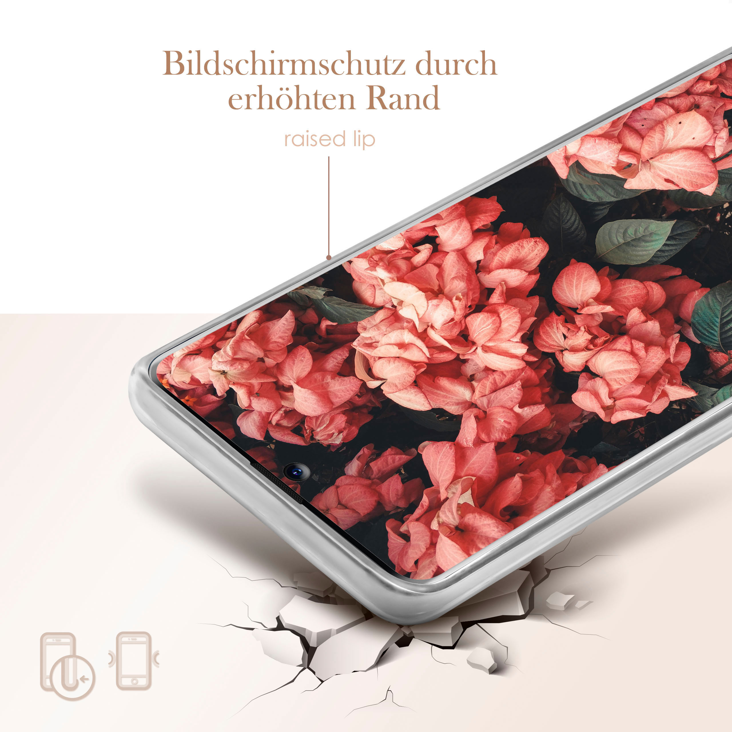 Ein Telefonbildschirm, geschützt durch eine Hülle, mit Blumenmuster und erhöhtem Rand.