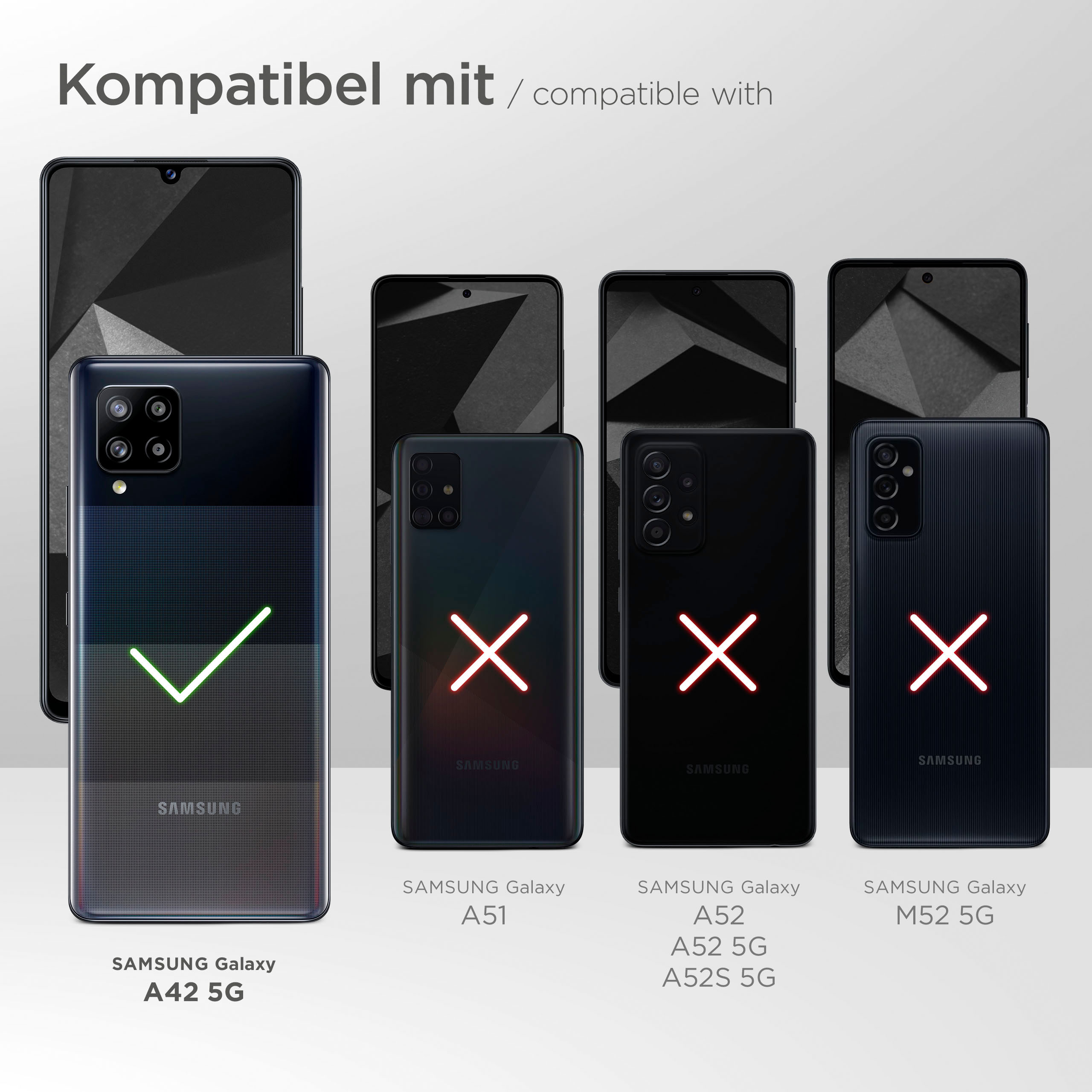 Telefone mit Häkchen und X-Markierungen. Zeigt kompatible Telefonmodelle. Text: Kompatibel mit Samsung Galaxy A42 5G.