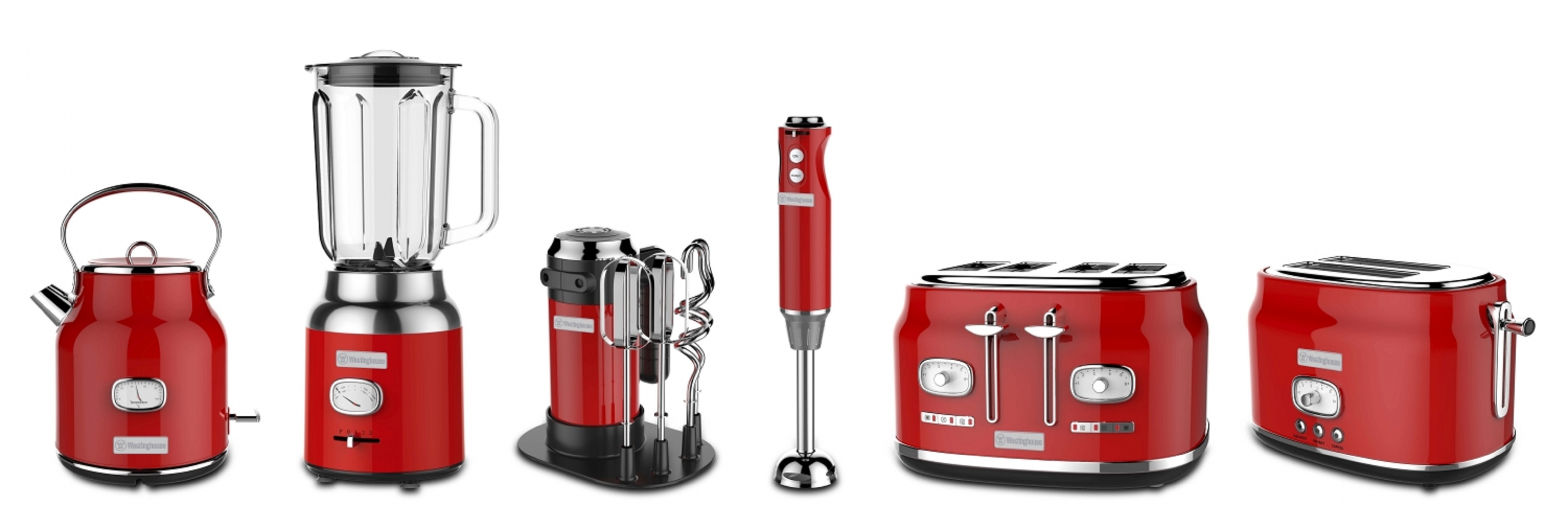 Ein Satz roter Küchengeräte auf weißem Hintergrund. Enthält einen Wasserkocher, Mixer usw.