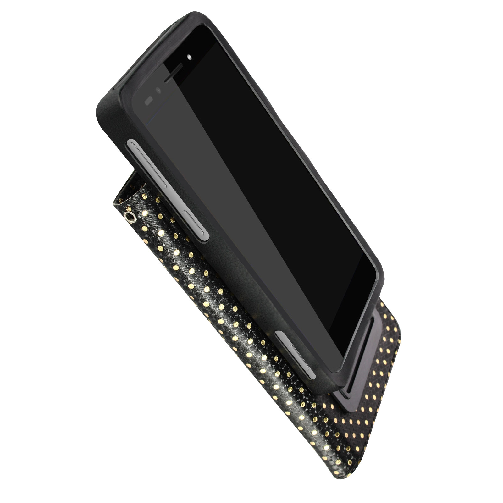 Telefono nero in una custodia nera su una custodia a pois.