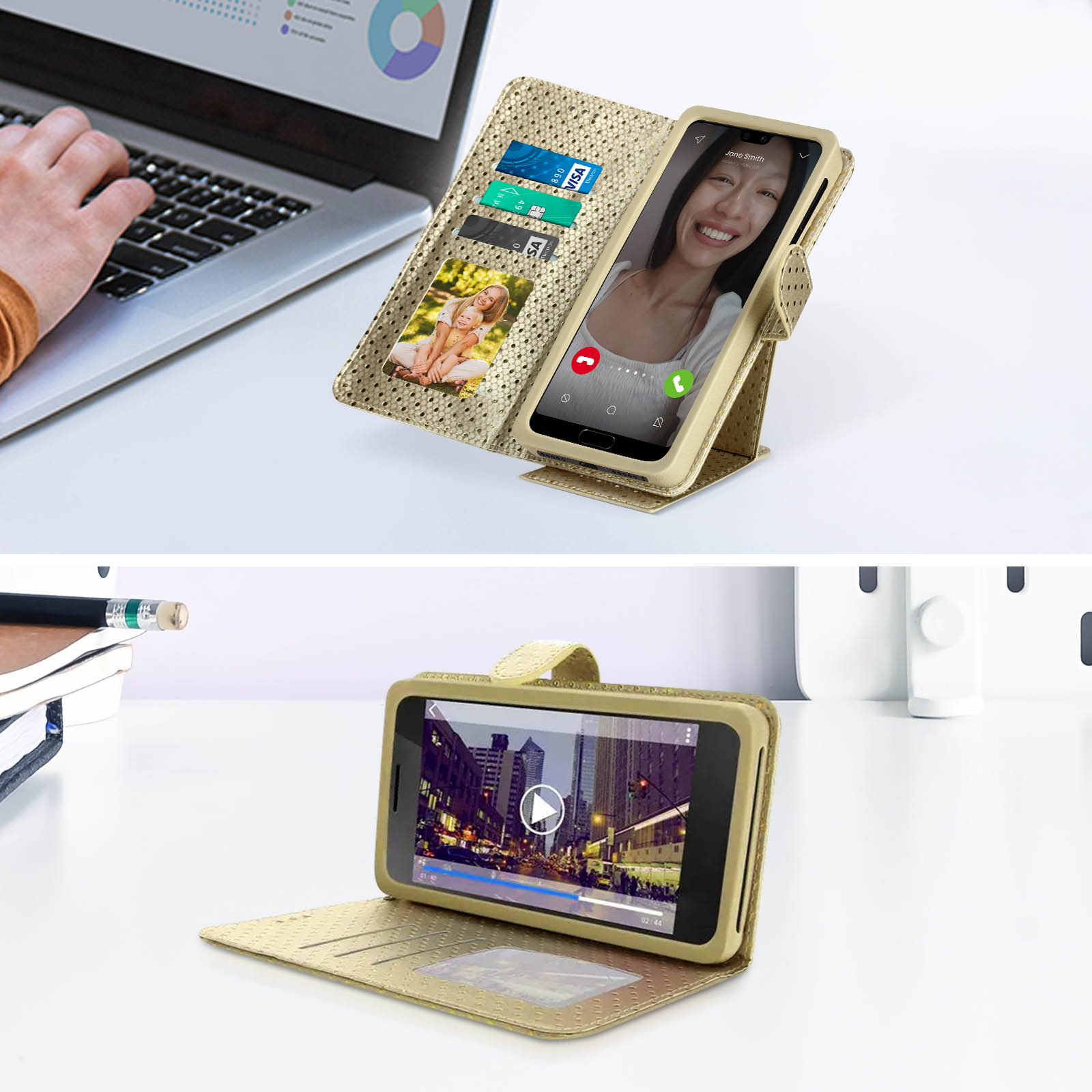 Custodia per telefono con telefono che mostra una videochiamata e un altro che mostra un video. Portatile sullo sfondo.