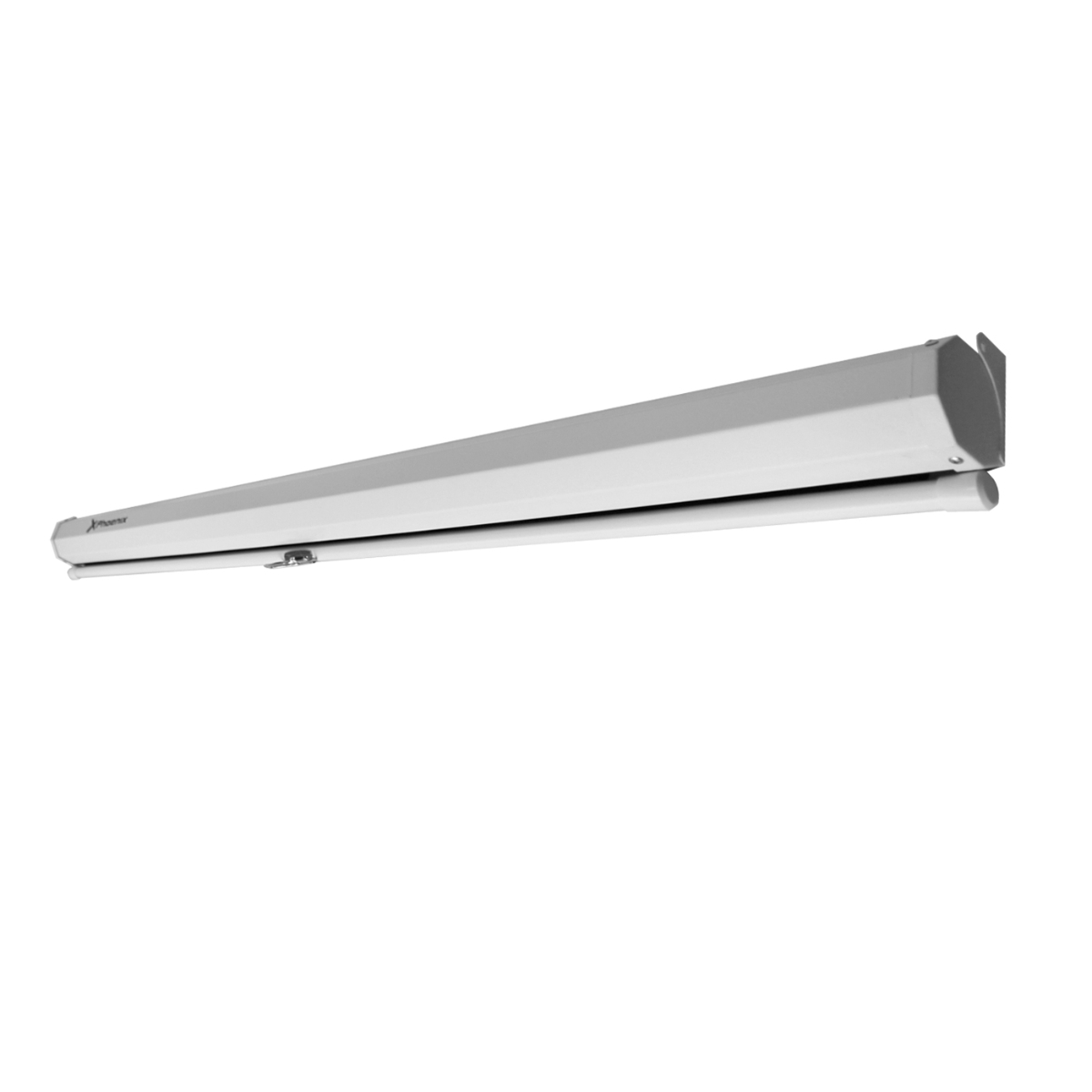 Una pantalla de proyector rectangular blanca, parcialmente desenrollada, sobre un fondo blanco. La pantalla es larga.