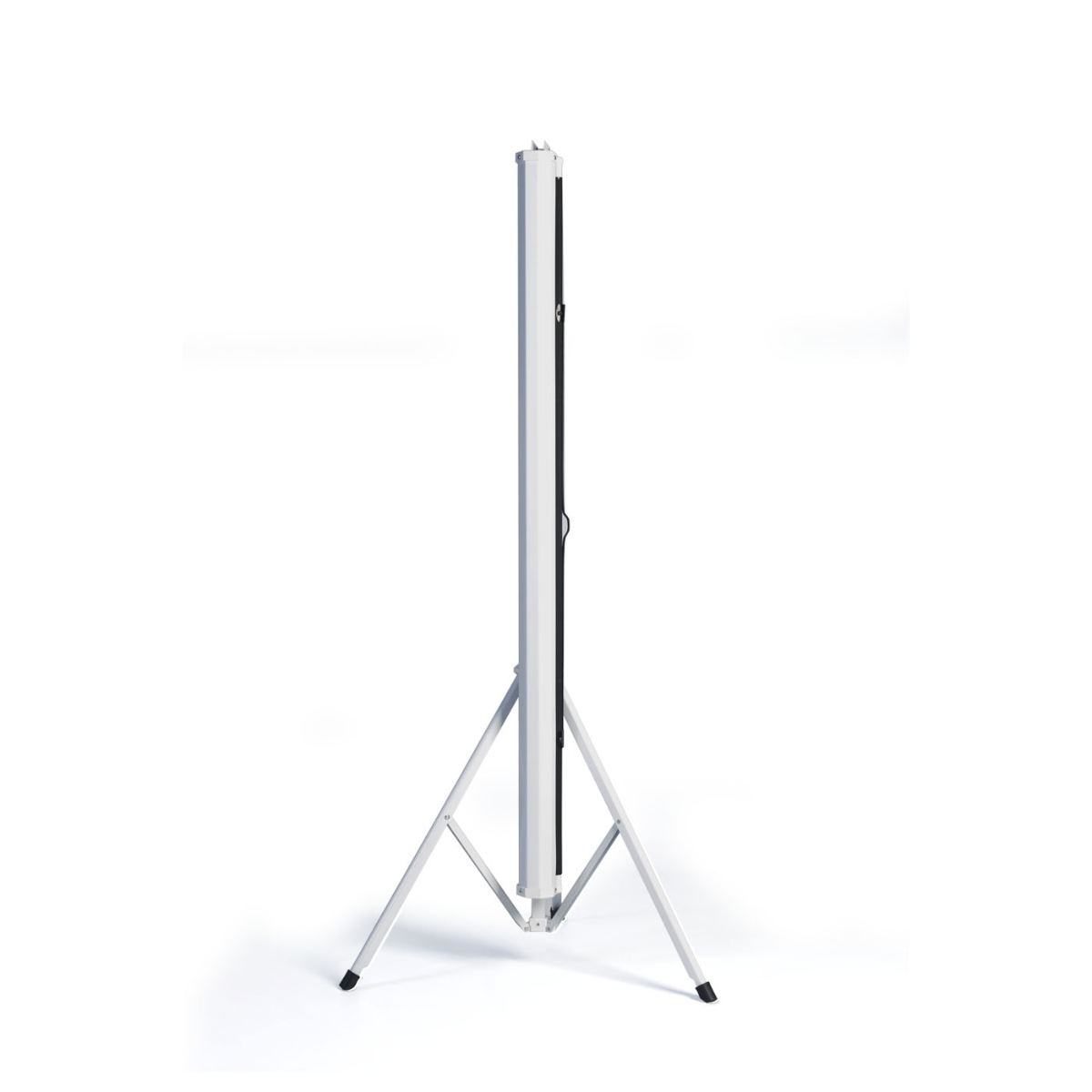 Un soporte de pantalla de trípode blanco, con una pantalla negra. Está contra un fondo blanco.