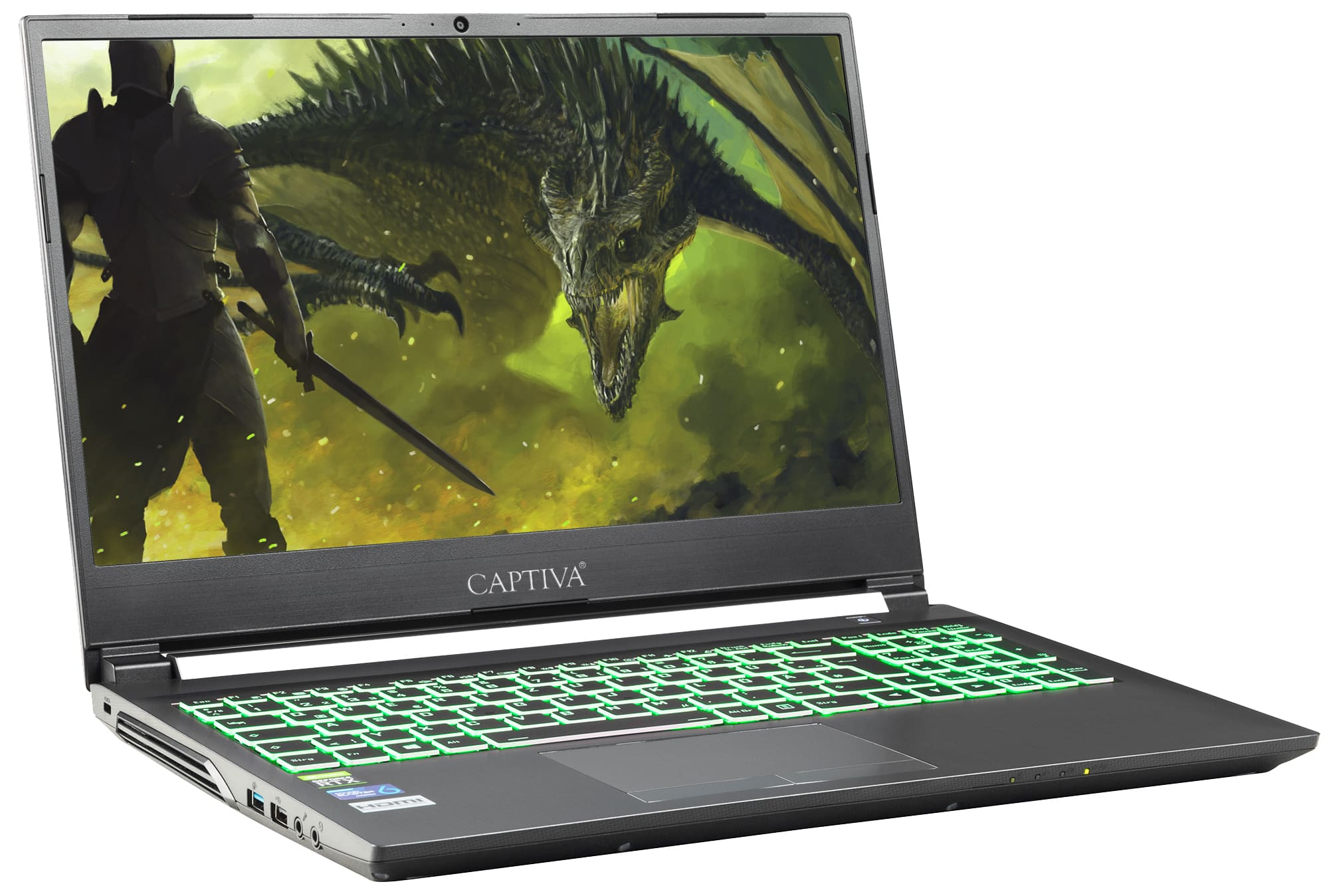 Ein Laptop mit Drachenszene auf dem Bildschirm, hintergrundbeleuchteter Tastatur und Captiva-Logo.