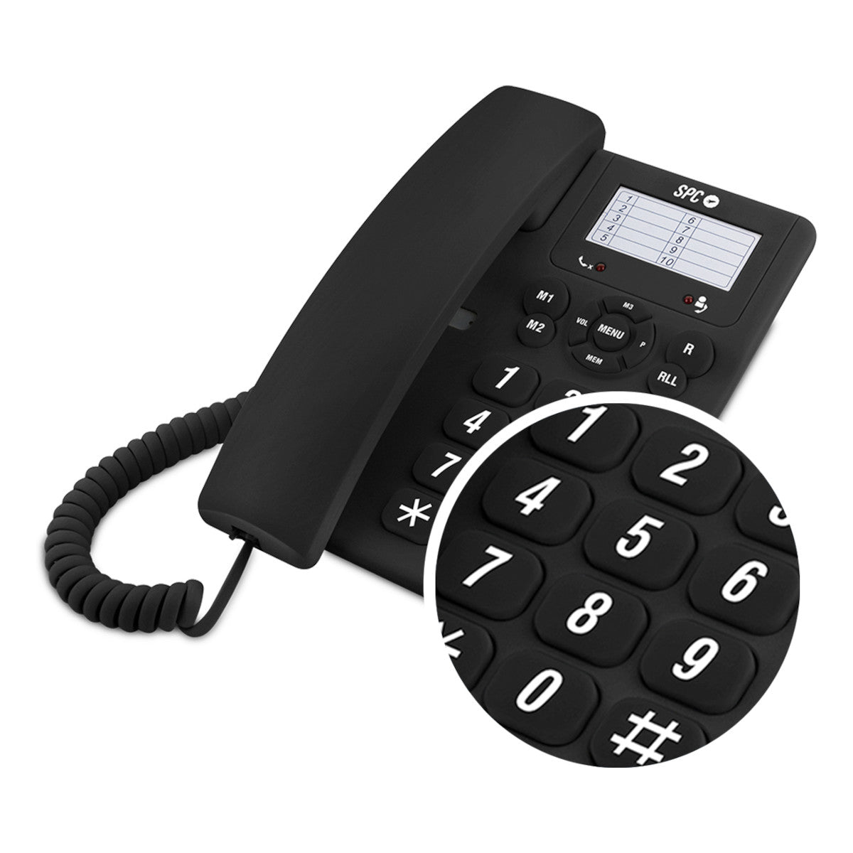 Un teléfono fijo negro con un primer plano de su teclado numérico. Los números son blancos sobre negro.