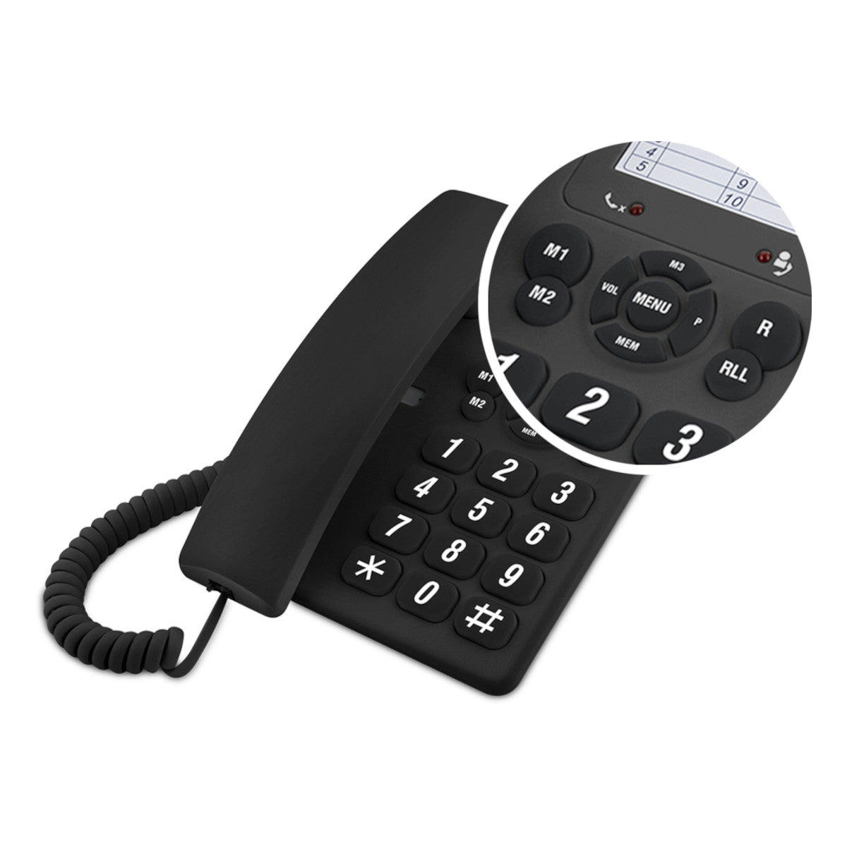 Teléfono fijo negro con teclado numérico y primer plano de los botones de marcación rápida.