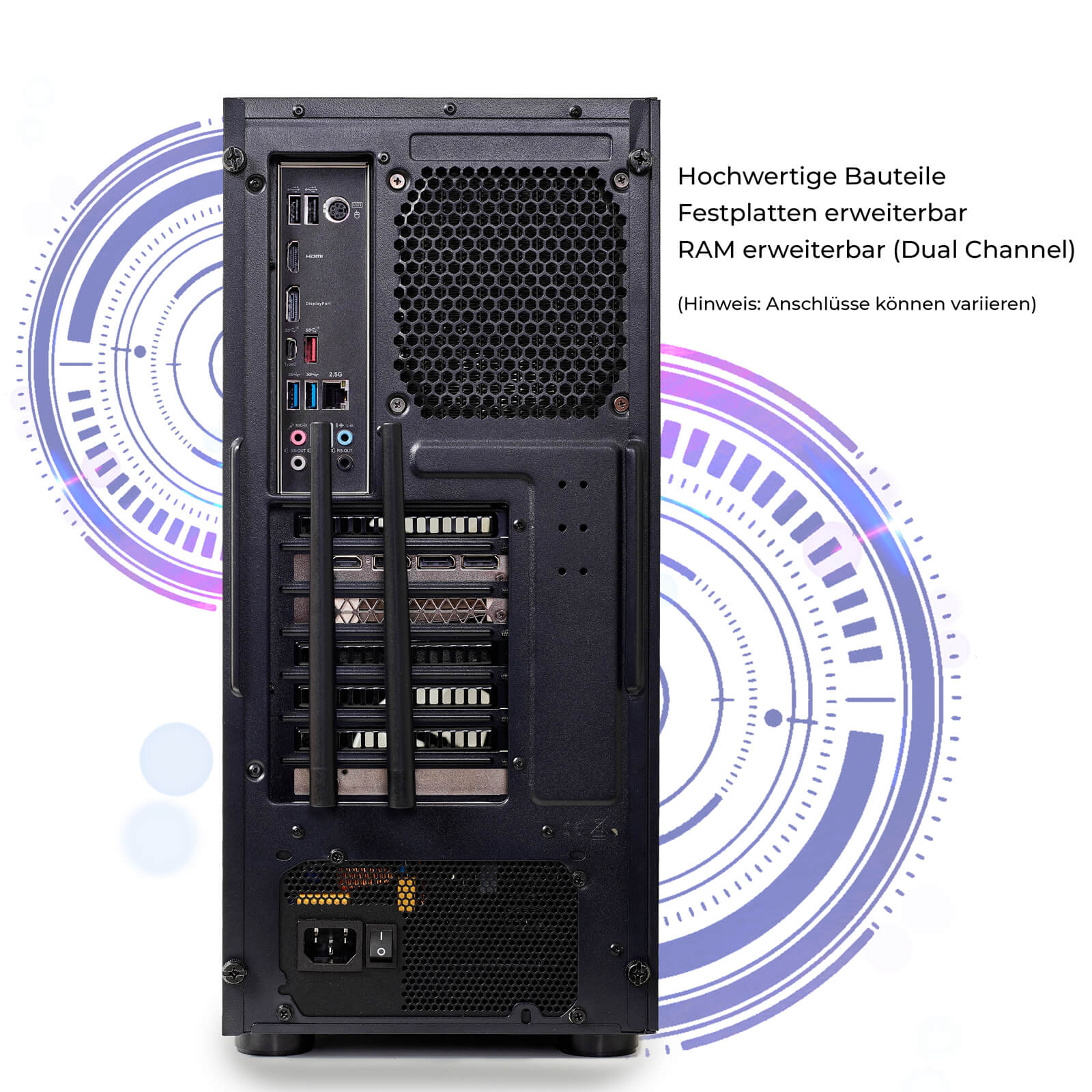 Rückseite eines schwarzen Computergehäuses mit verschiedenen Anschlüssen und einem Netzteil. Blaue und violette Kreise.