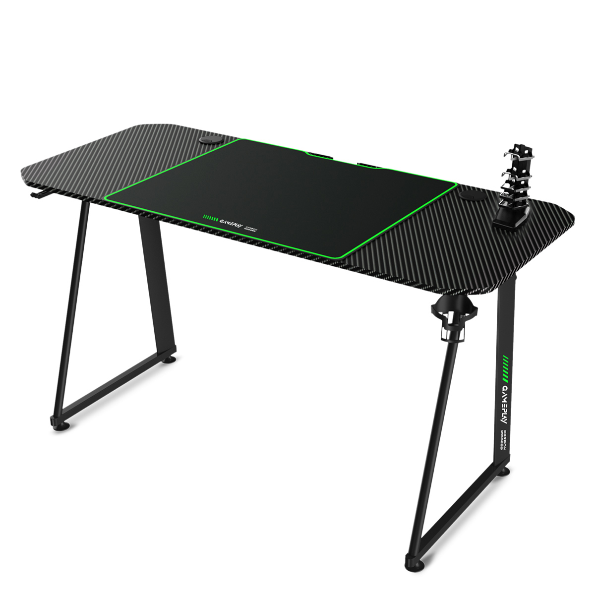 Haus Escritorio Gameplay verde carbon green gaming con soporte para auriculares portavasos pasacables y alfombrilla antidesl mesa de mchaus