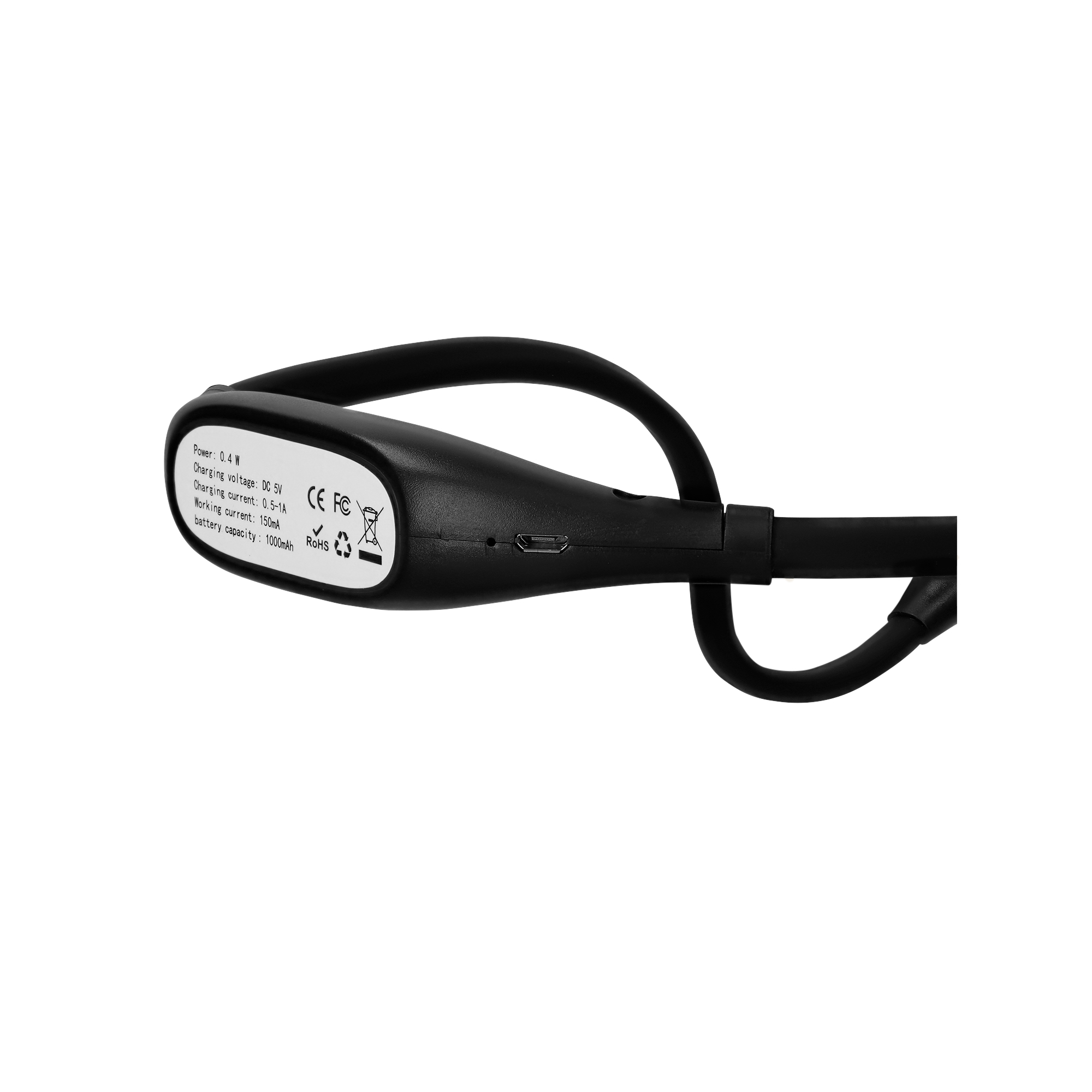 Primer plano de una luz de lectura de cuello LED negra. Tiene un puerto de carga y un pequeño panel de información.