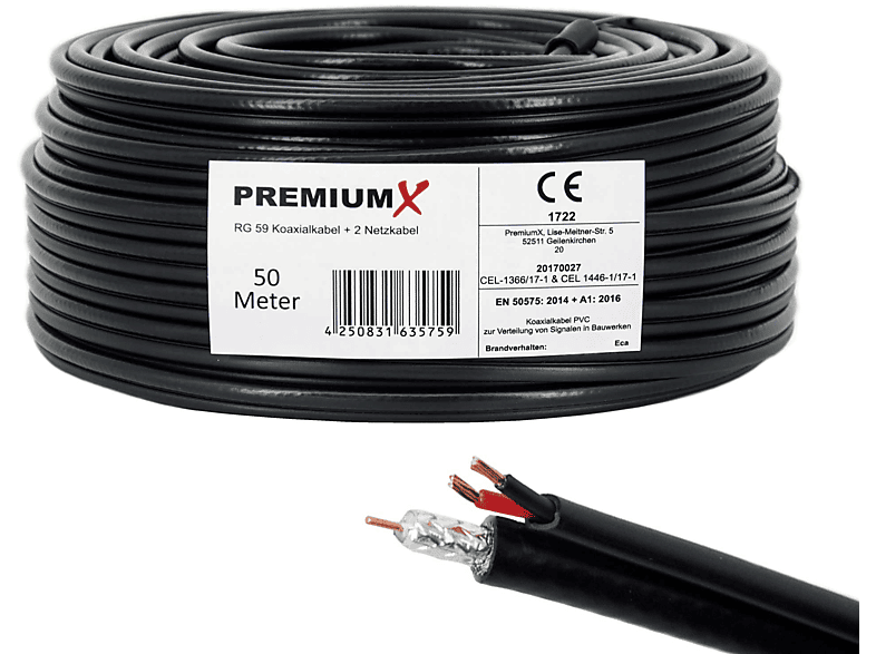 PREMIUMX 50m RG59 Koaxialkabel + 2 Netzkabel Eca Videobild und Stromversorgung Videokabel