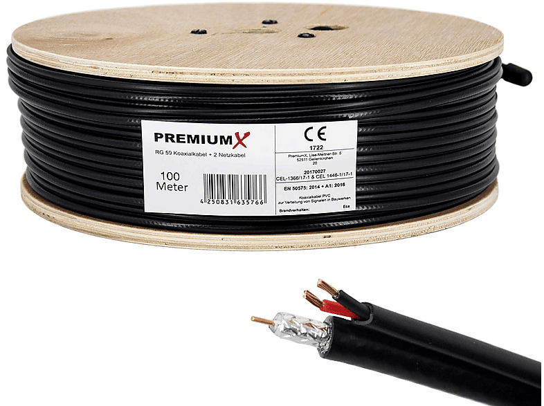 PREMIUMX 100m RG59 Koaxialkabel + 2 Netzkabel Eca Videobild und Stromversorgung Videokabel