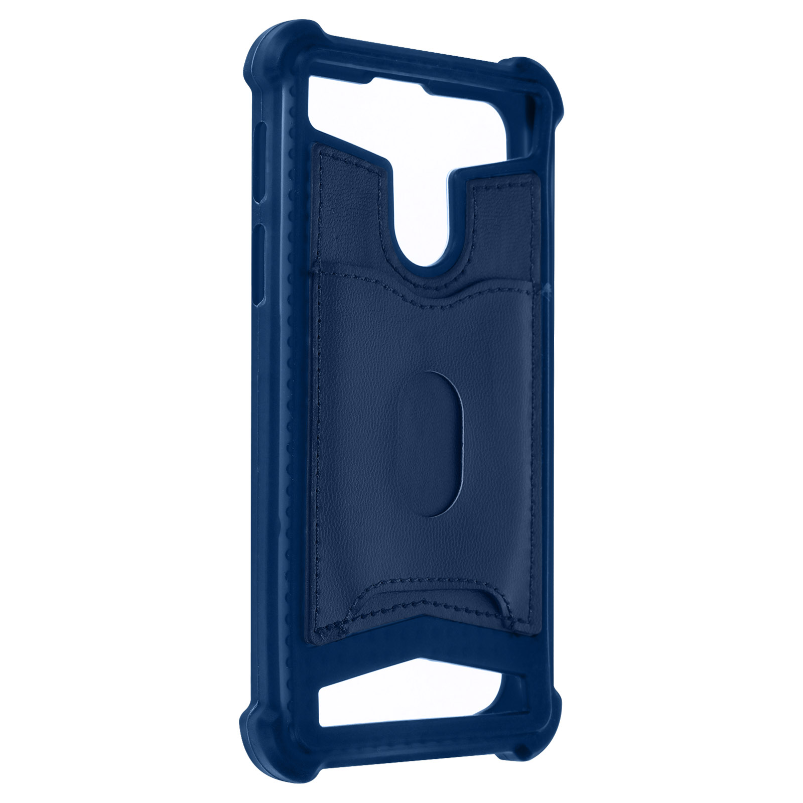 Custodia blu per telefono con slot per schede. La custodia è su sfondo bianco.