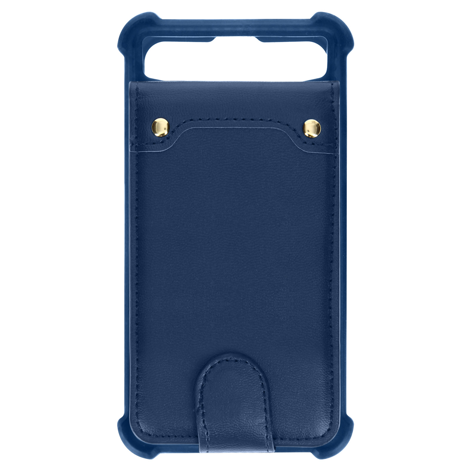 Una custodia blu per telefono con funzione portafoglio e due borchie dorate.