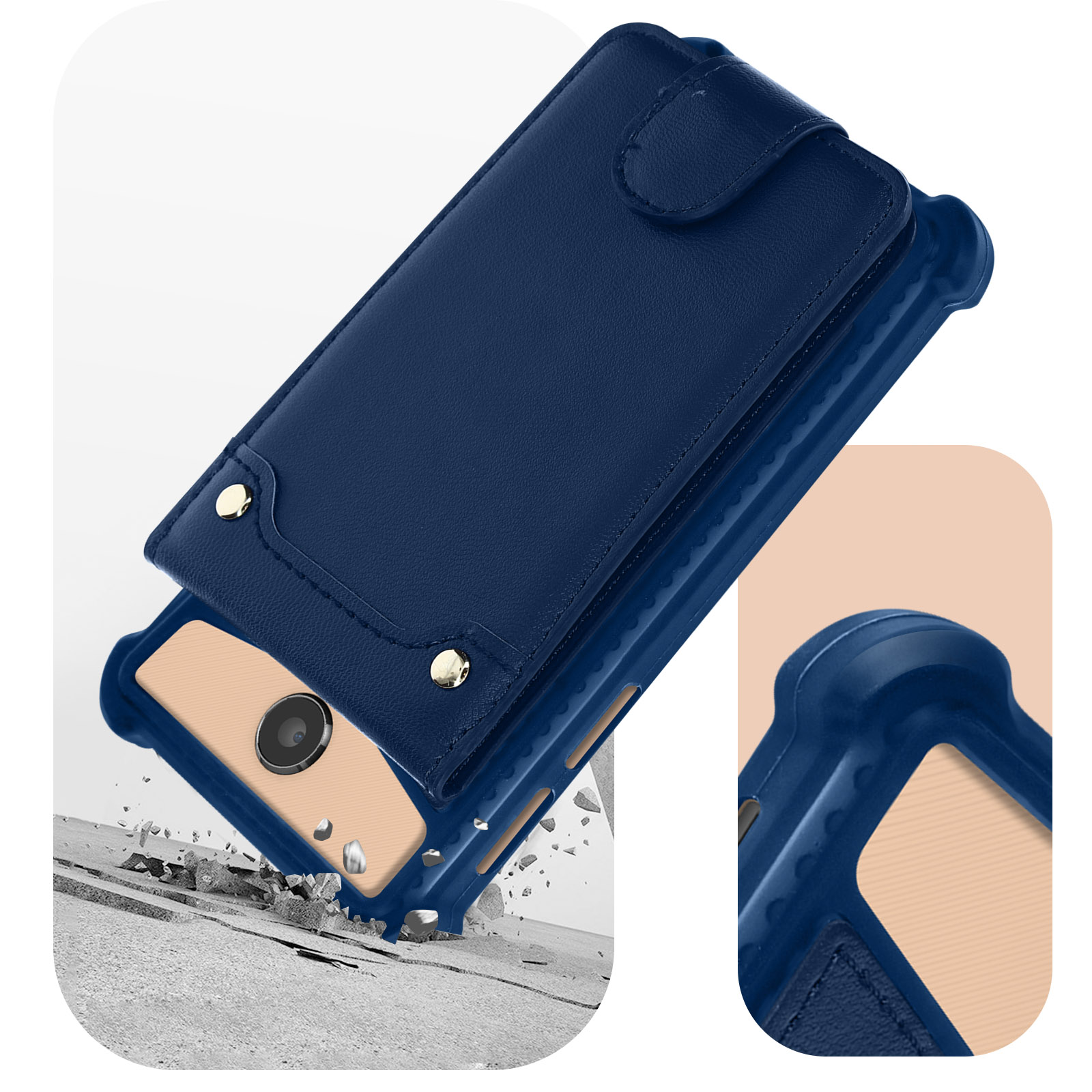 Una custodia blu per telefono con patta e borchie dorate. Il telefono è beige.