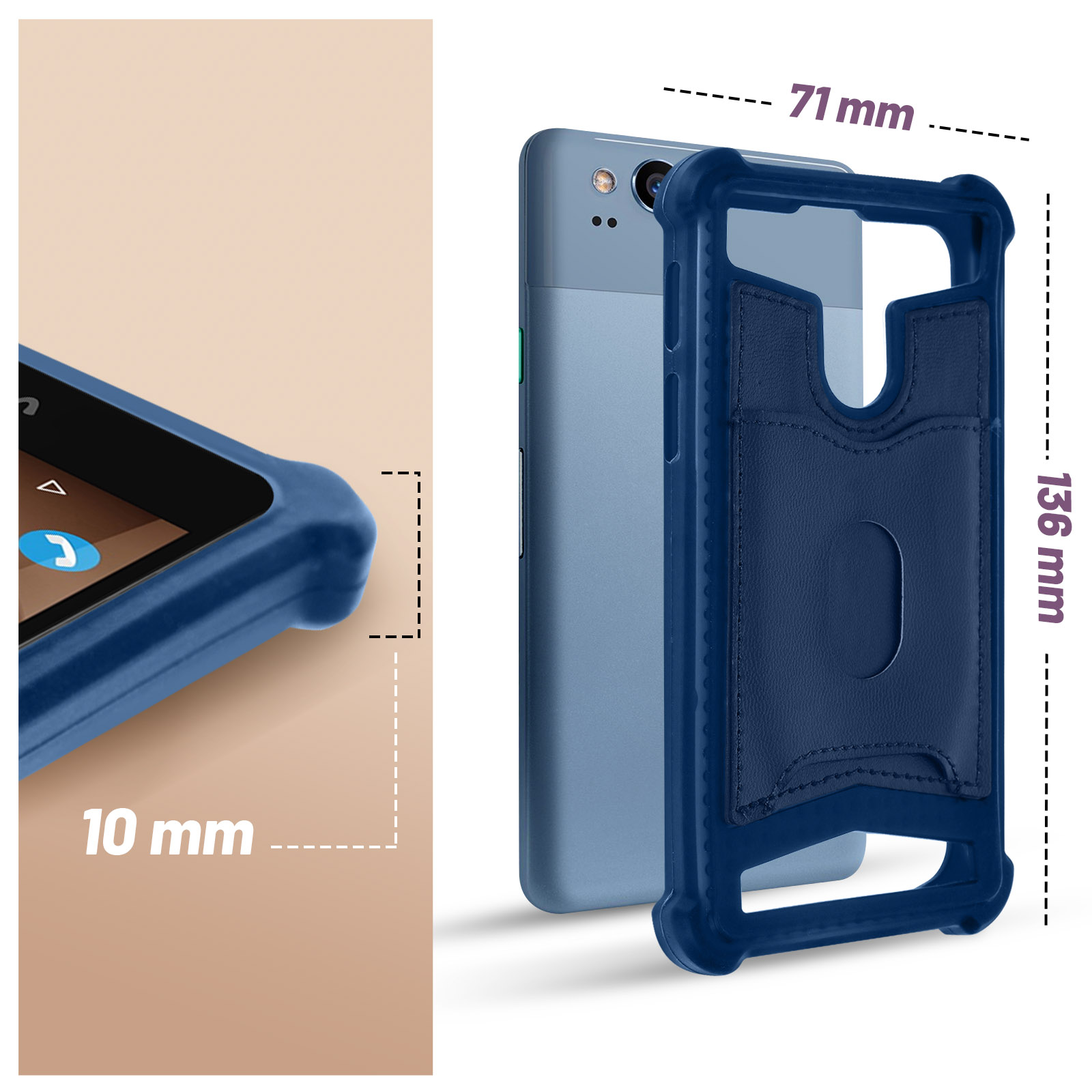 Custodia blu per telefono con telefono all'interno, misure: 71mm, 136mm e 10mm.